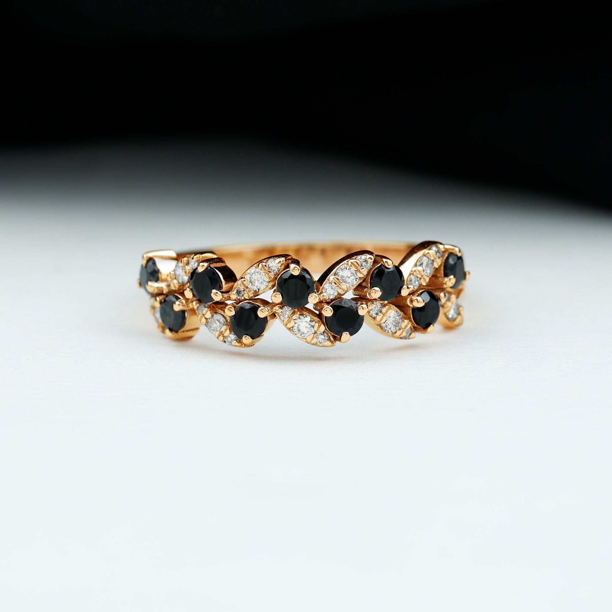 Created Black Diamond and Diamond Leaf Eternity Ring Lab Created Black Diamond - ( AAAA ) - Quality - Rosec Jewels