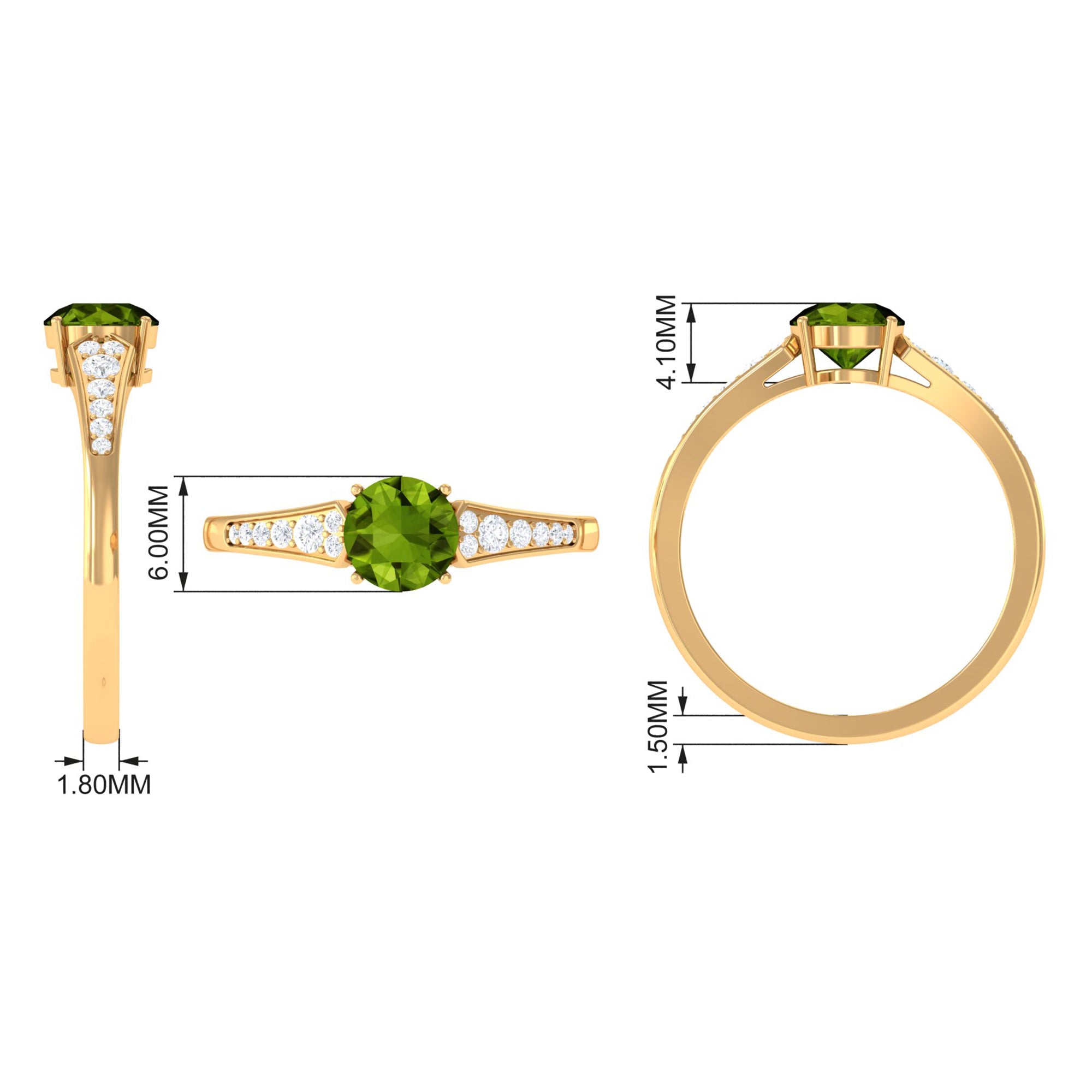 Round Peridot Solitaire Ring with Diamond Side Stones Peridot - ( AAA ) - Quality - Rosec Jewels