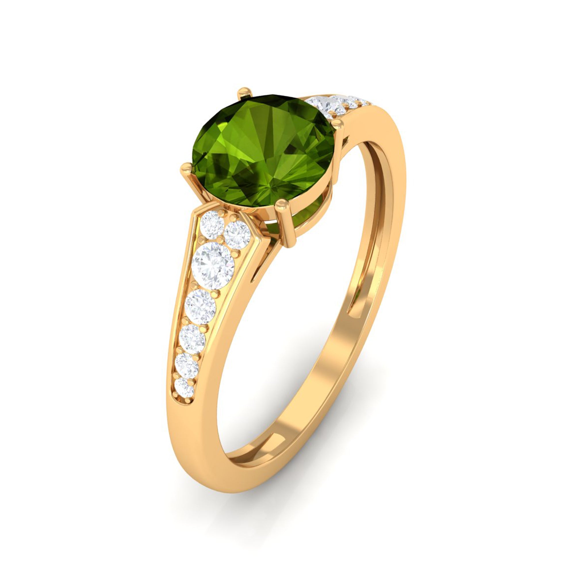 Round Peridot Solitaire Ring with Diamond Side Stones Peridot - ( AAA ) - Quality - Rosec Jewels