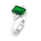 Octagon Created Emerald Solitaire Engagement Ring with Diamond Trio Lab Created Emerald - ( AAAA ) - Quality - Rosec Jewels