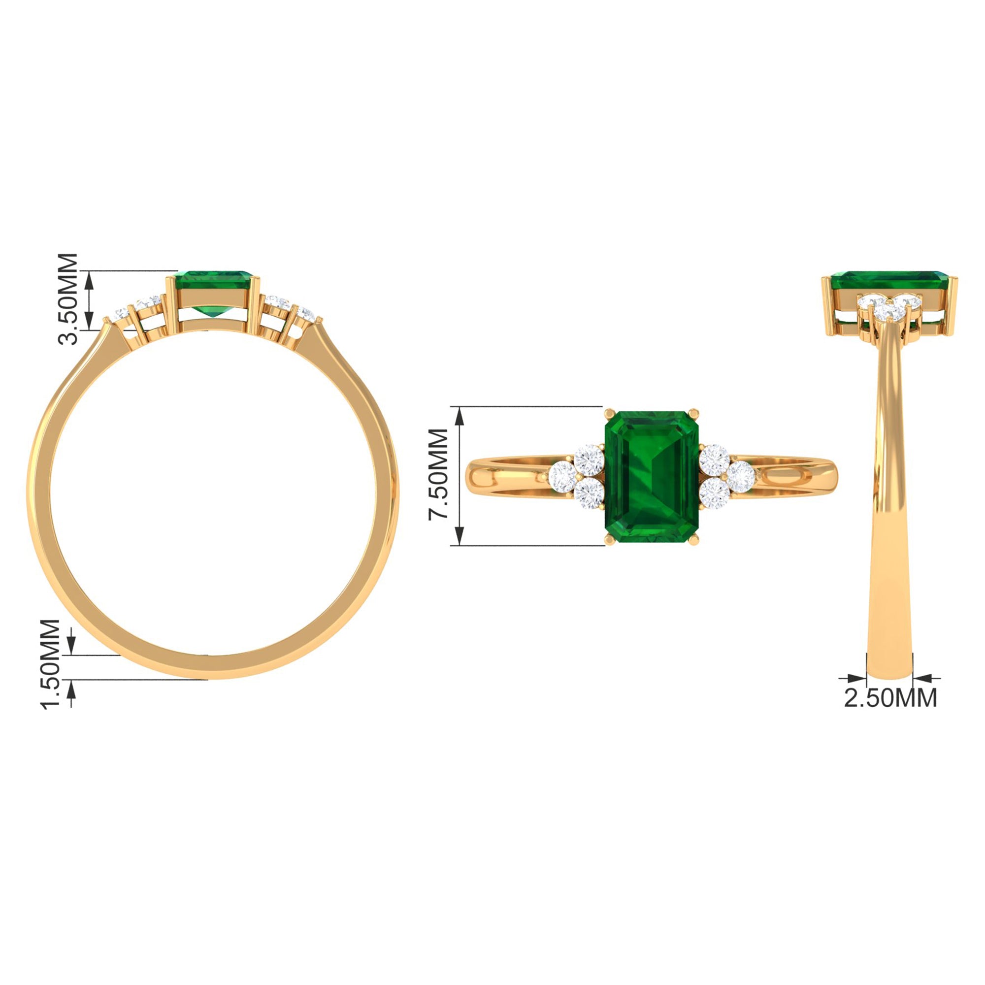 Octagon Created Emerald Solitaire Engagement Ring with Diamond Trio Lab Created Emerald - ( AAAA ) - Quality - Rosec Jewels