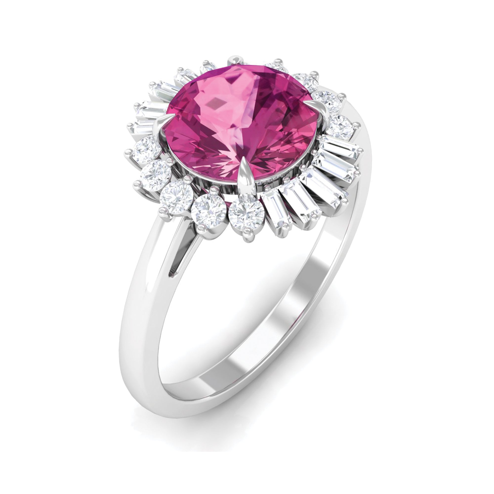 Claw Set Pink Tourmaline Cocktail Ring with Moissanite Halo in Gold Pink Tourmaline - ( AAA ) - Quality - Rosec Jewels