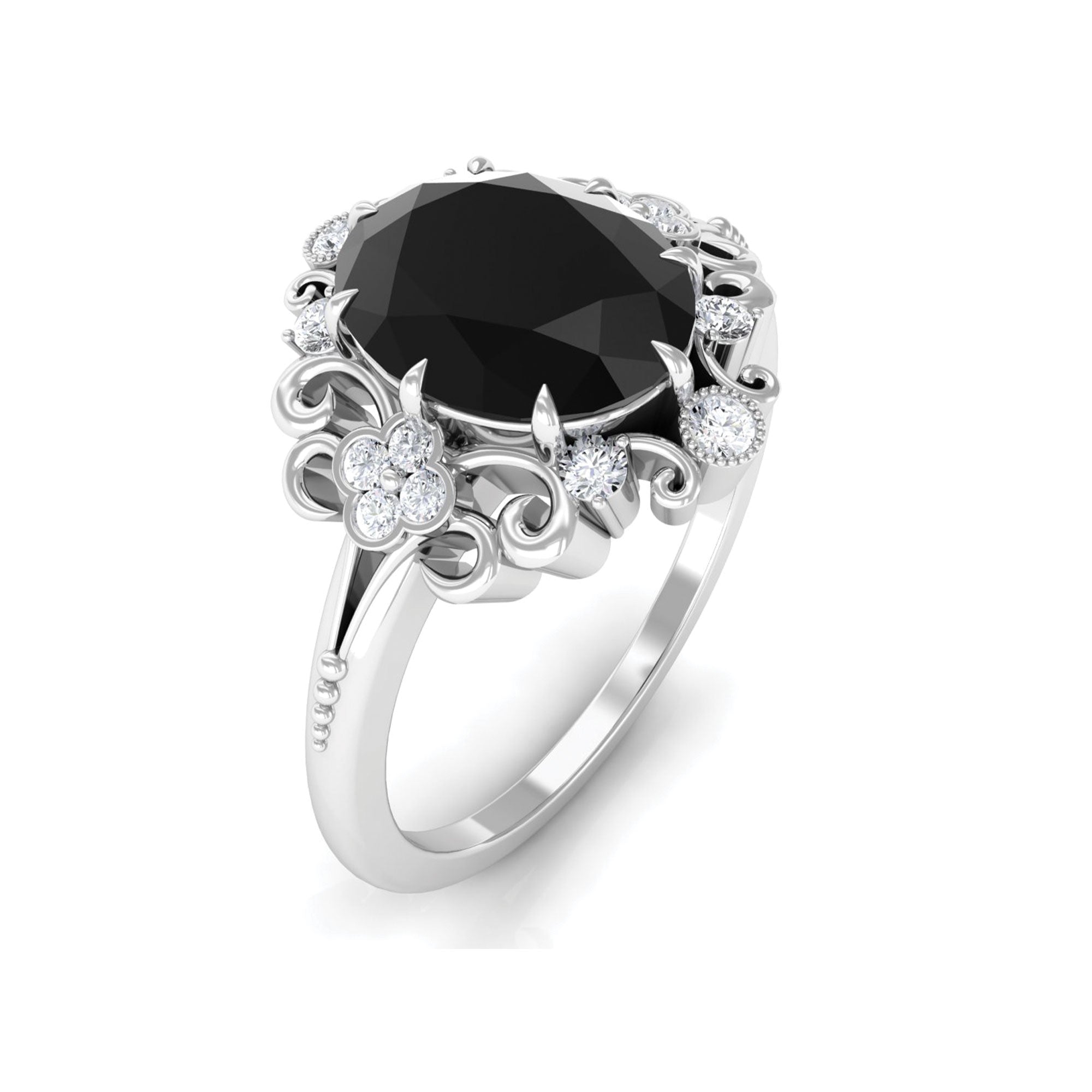 Vintage Inspired Black Onyx Engagement Ring with Diamond Black Onyx - ( AAA ) - Quality - Rosec Jewels