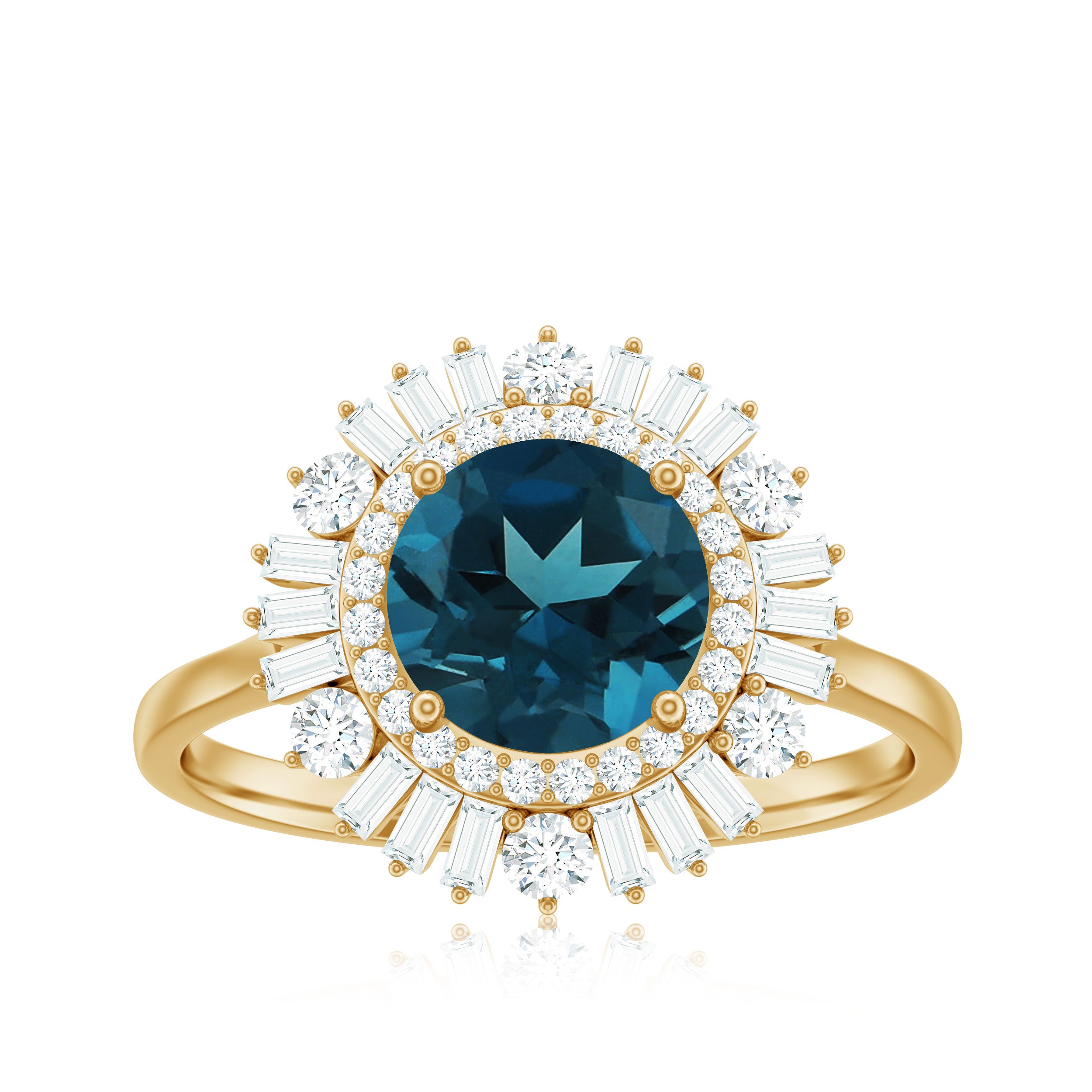 Round London Blue Topaz Cocktail Ring with Diamond Double Halo London Blue Topaz - ( AAA ) - Quality - Rosec Jewels