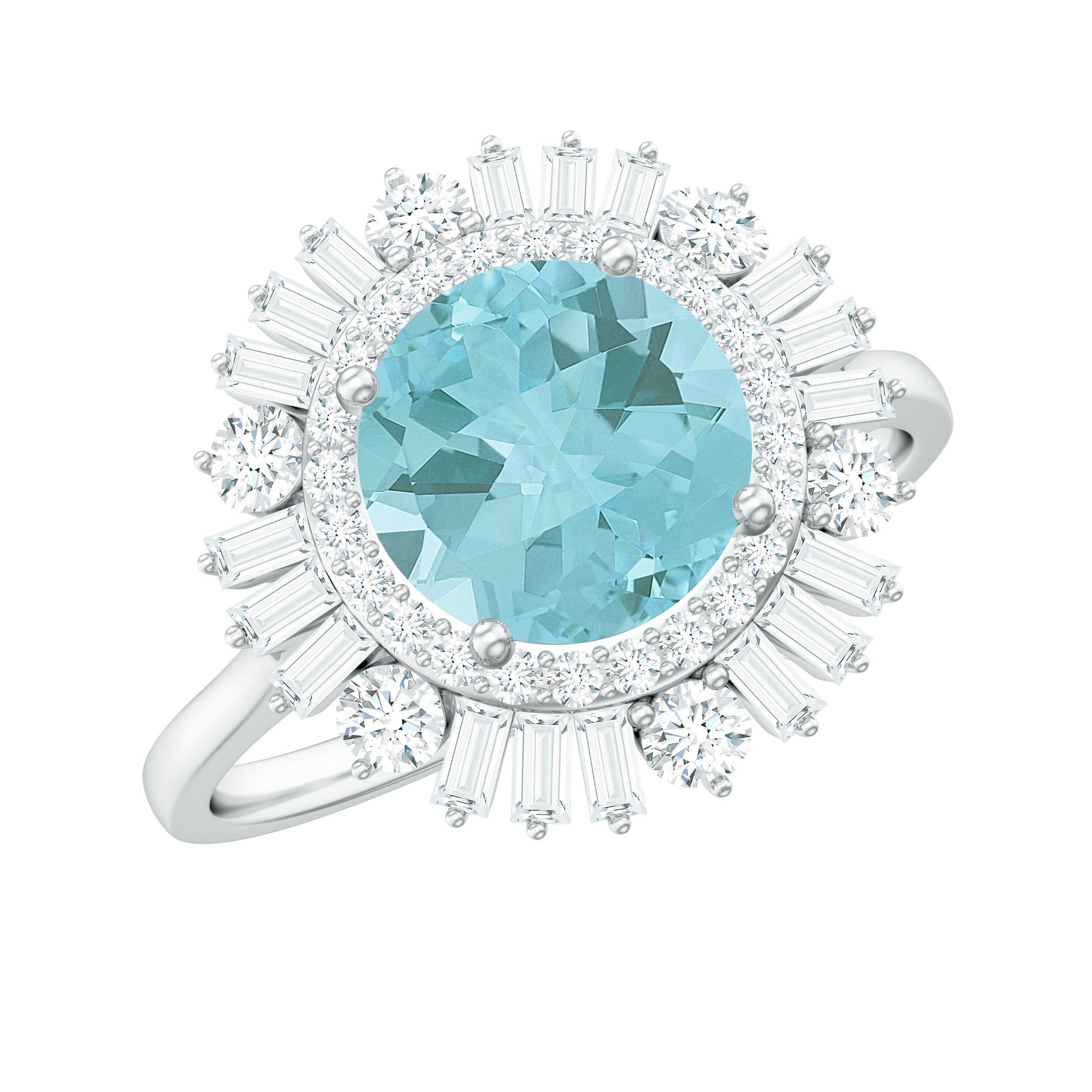 2 CT Round Sky Blue Topaz Cocktail Ring with Moissanite Double Halo Sky Blue Topaz - ( AAA ) - Quality - Rosec Jewels