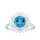 Round Swiss Blue Topaz Cocktail Ring with Moissanite Double Halo Swiss Blue Topaz - ( AAA ) - Quality - Rosec Jewels