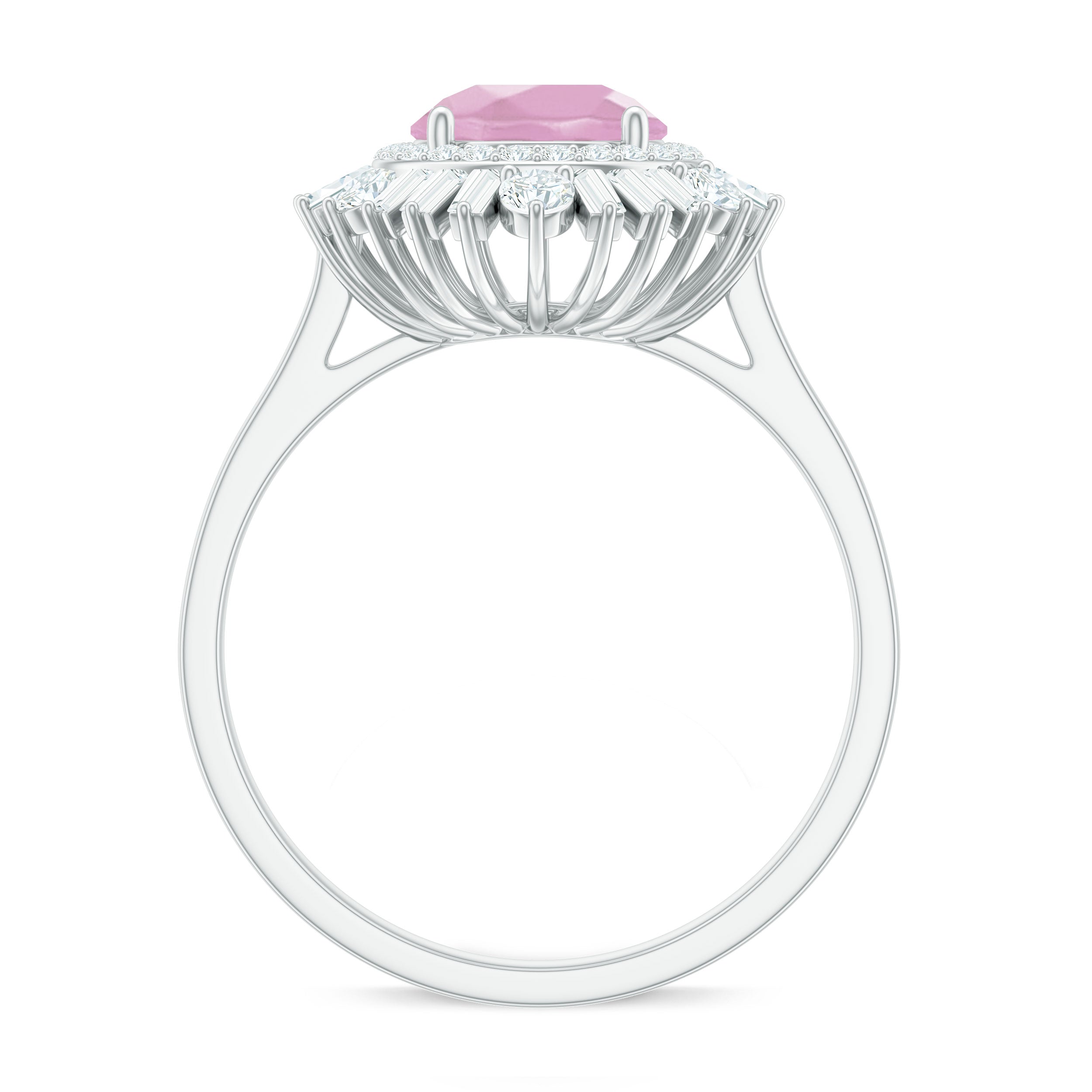 2 CT Round Rose Quartz Cocktail Ring with Moissanite Double Halo Rose Quartz - ( AAA ) - Quality - Rosec Jewels