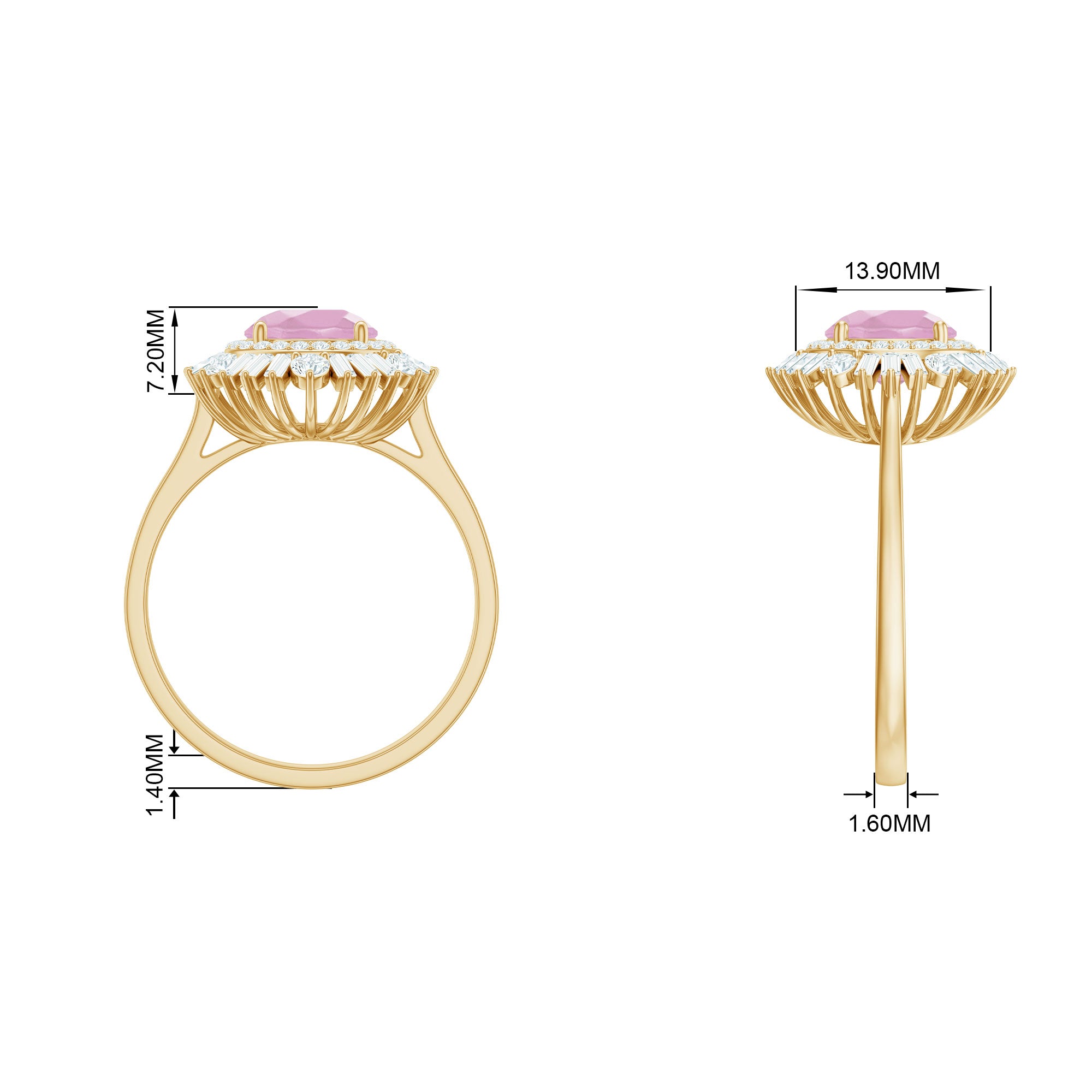 2 CT Round Rose Quartz Cocktail Ring with Moissanite Double Halo Rose Quartz - ( AAA ) - Quality - Rosec Jewels