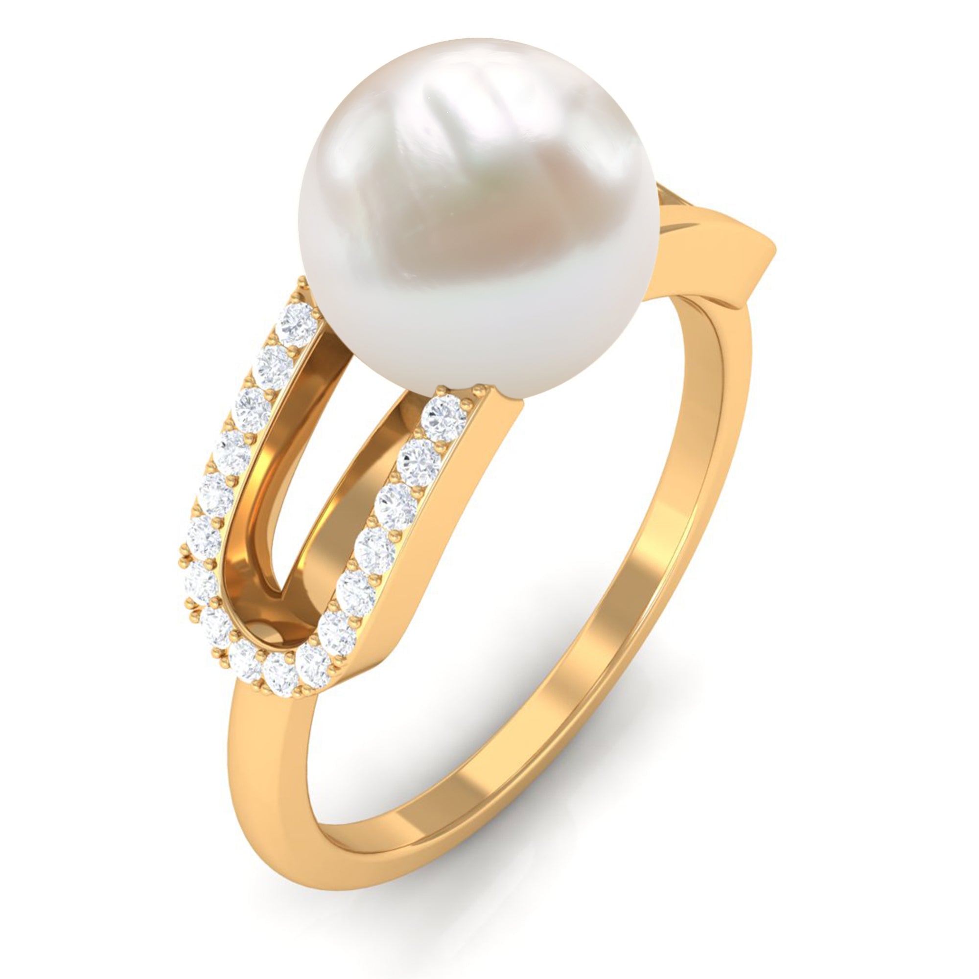 Designer Freshwater Pearl and Diamond Ring in Split Shank Freshwater Pearl - ( AAA ) - Quality - Rosec Jewels