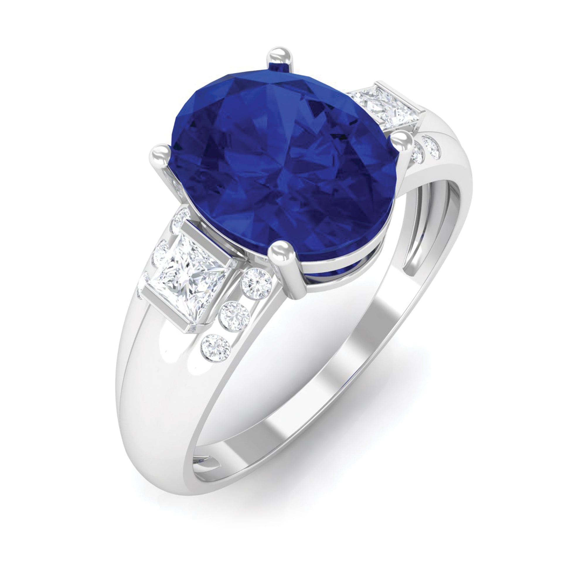 Lab Created Blue Sapphire Solitaire Engagement Ring with Diamond Lab Created Blue Sapphire - ( AAAA ) - Quality - Rosec Jewels