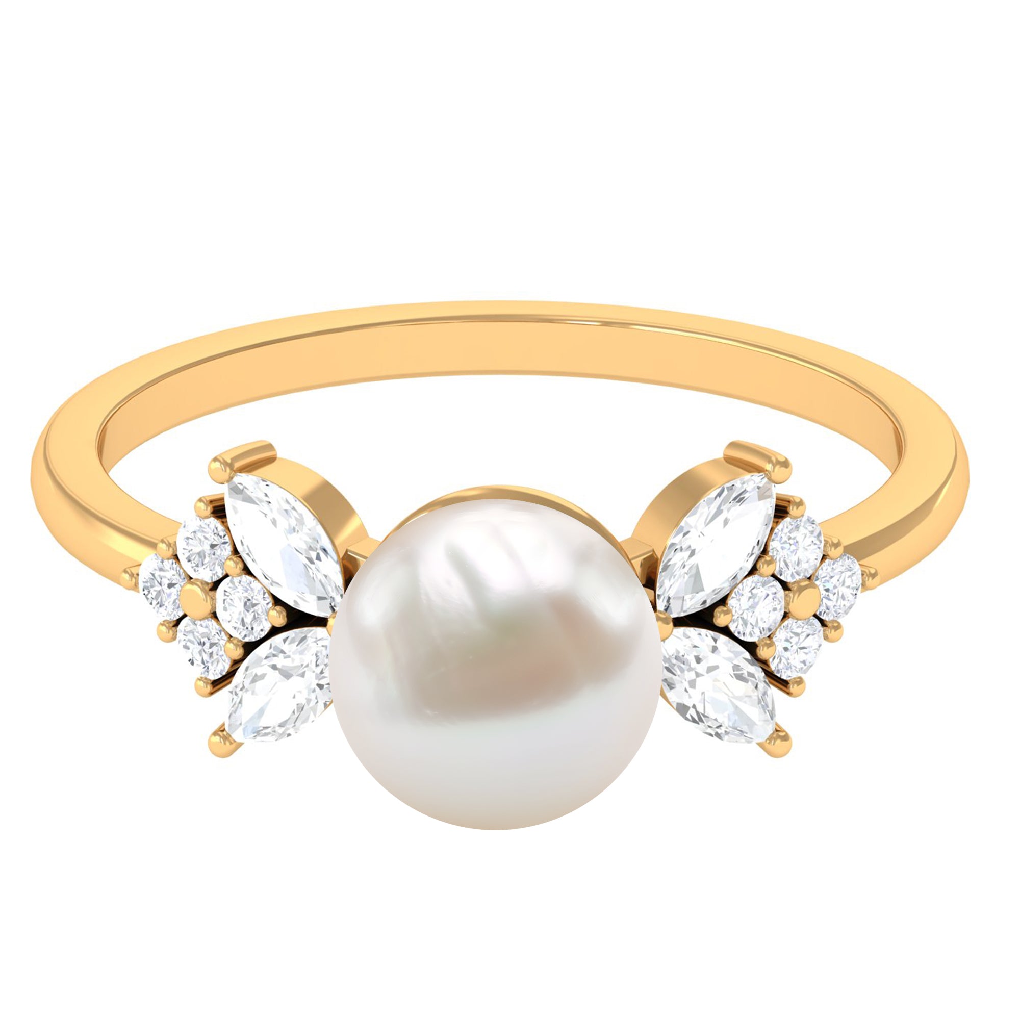 Nature Inspired Freshwater Pearl Solitaire Ring with Diamond Freshwater Pearl - ( AAA ) - Quality - Rosec Jewels