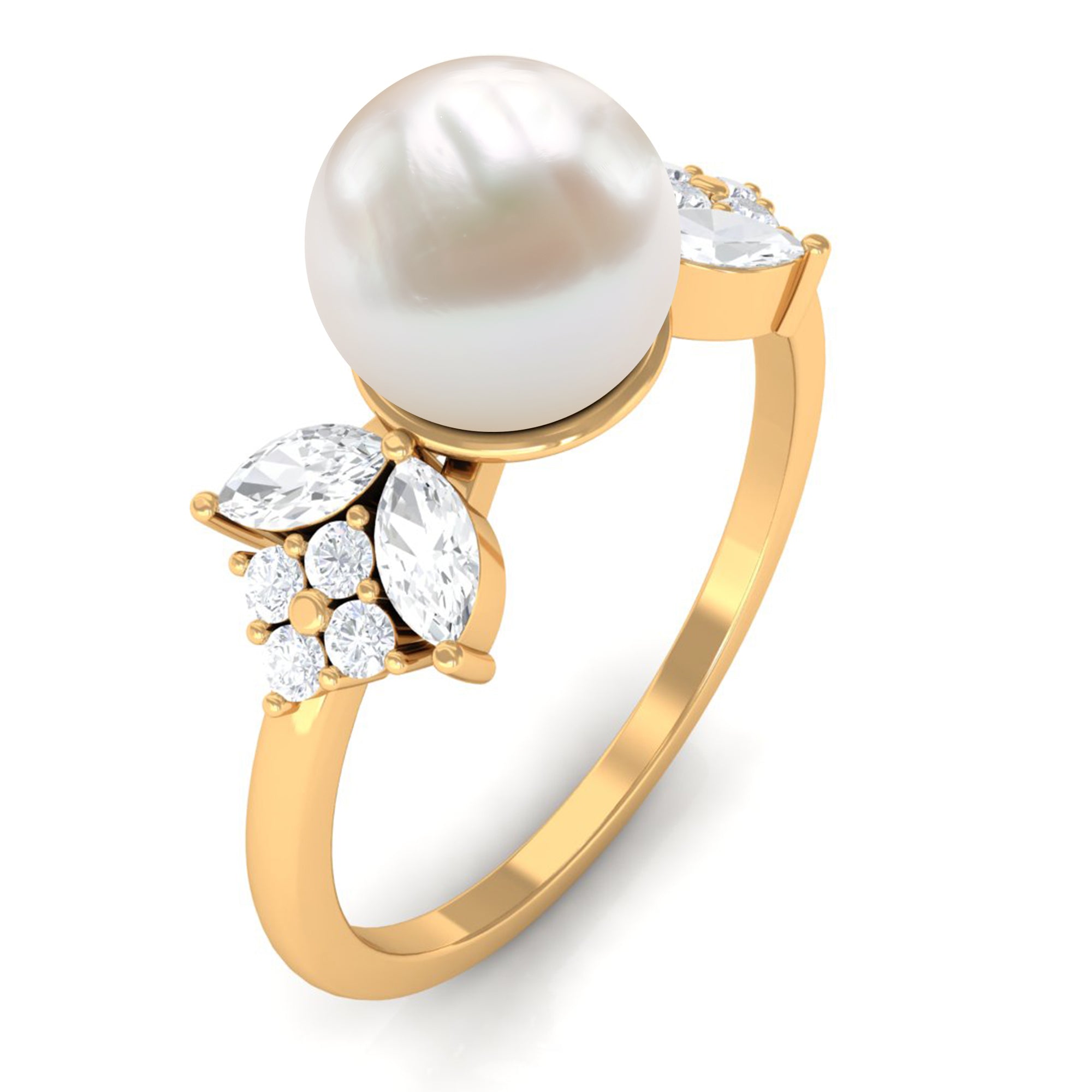 Nature Inspired Freshwater Pearl Solitaire Ring with Diamond Freshwater Pearl - ( AAA ) - Quality - Rosec Jewels