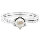 Freshwater Pearl and Diamond Flower Ring in Bypass Shank Freshwater Pearl - ( AAA ) - Quality - Rosec Jewels