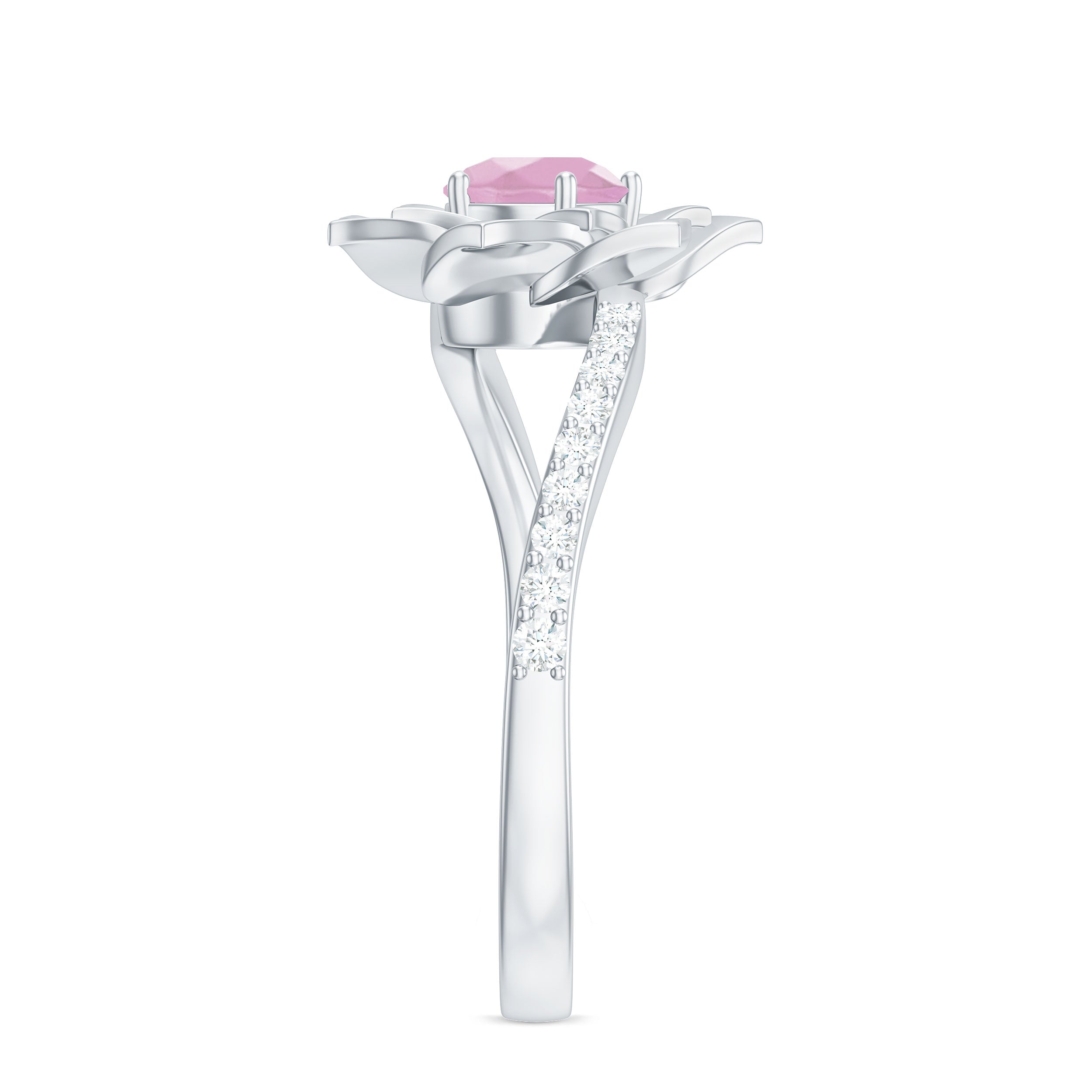 Rose Quartz and Diamond Flower Engagement Ring with Bypass Shank Rose Quartz - ( AAA ) - Quality - Rosec Jewels