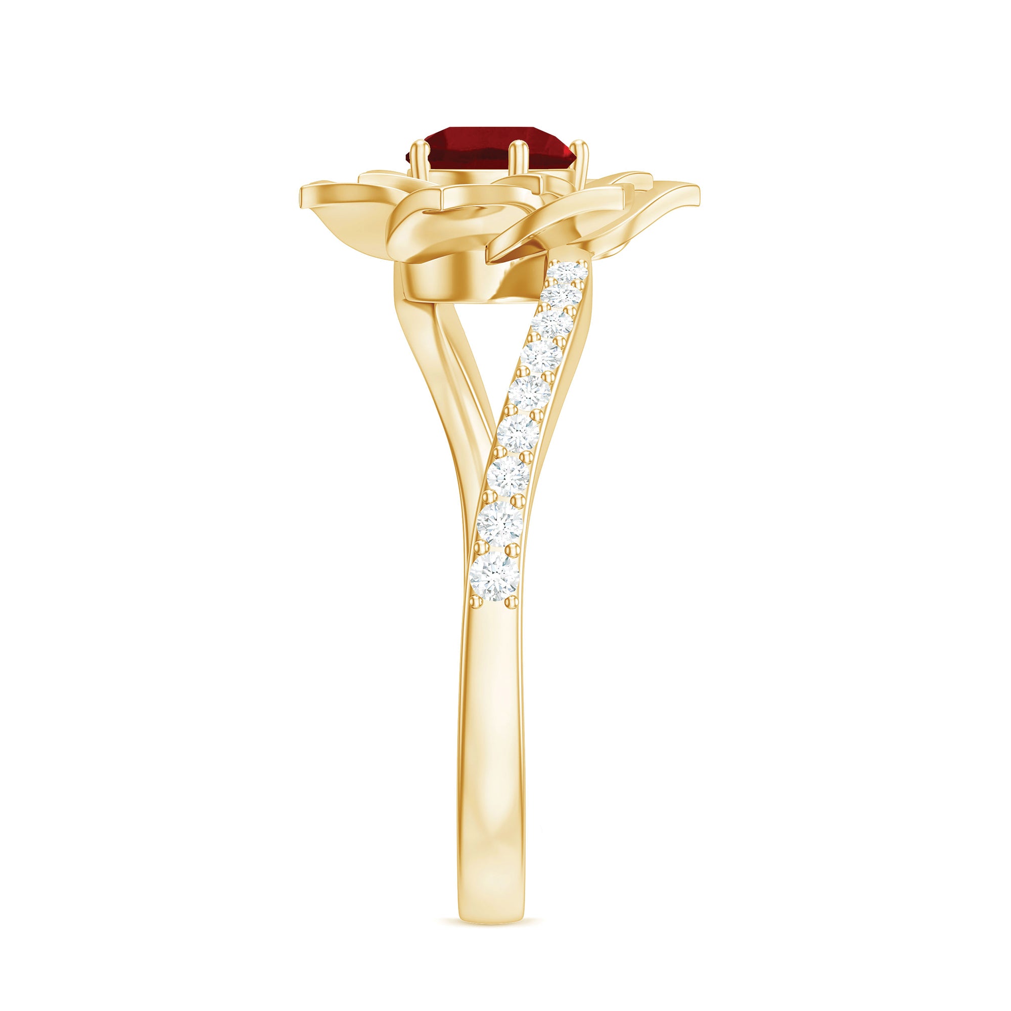 Lab-Created Ruby and Diamond Flower Ring in Bypass Shank Lab Created Ruby - ( AAAA ) - Quality - Rosec Jewels