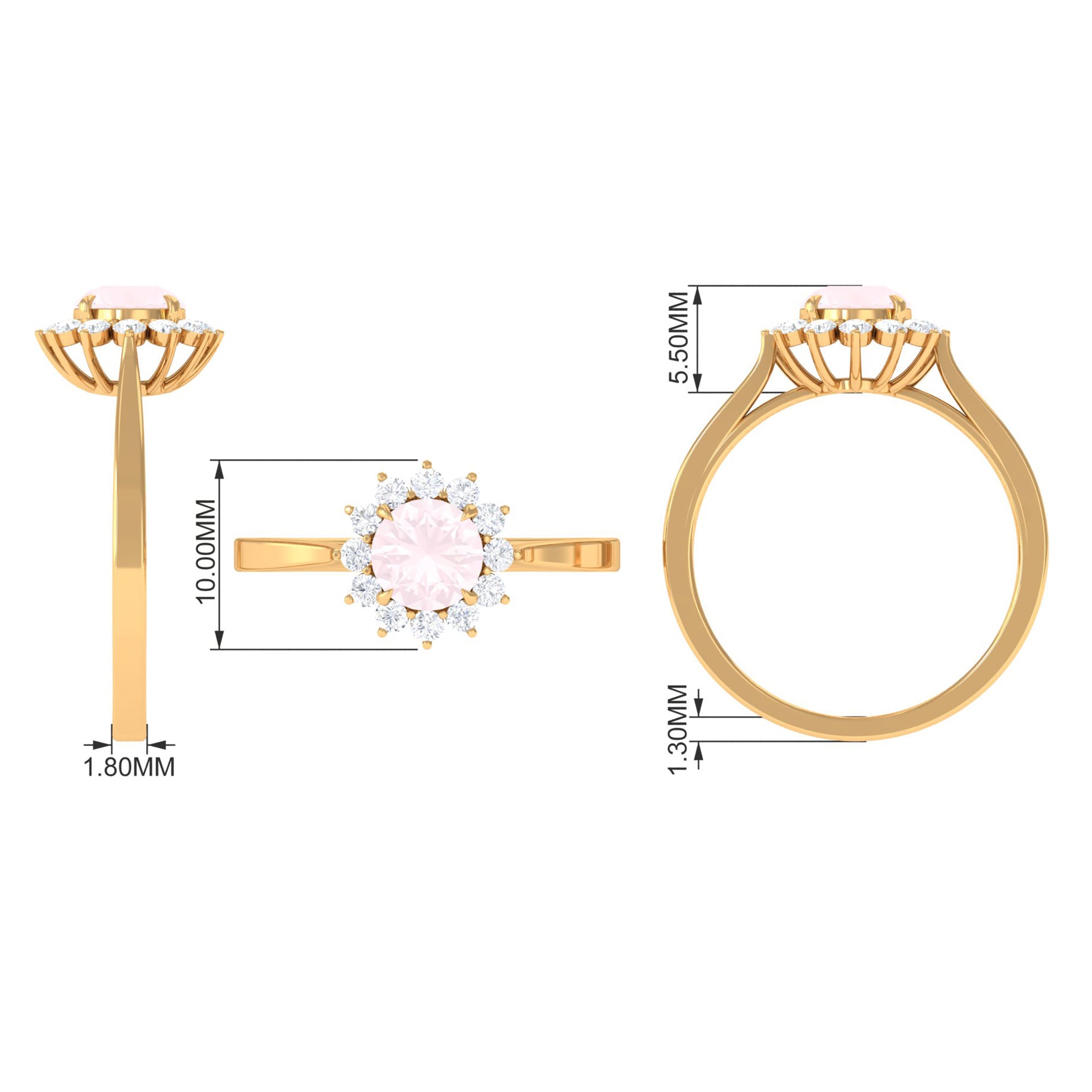 Round Shape Natural Rose Quartz Halo Ring with Diamond Rose Quartz - ( AAA ) - Quality - Rosec Jewels