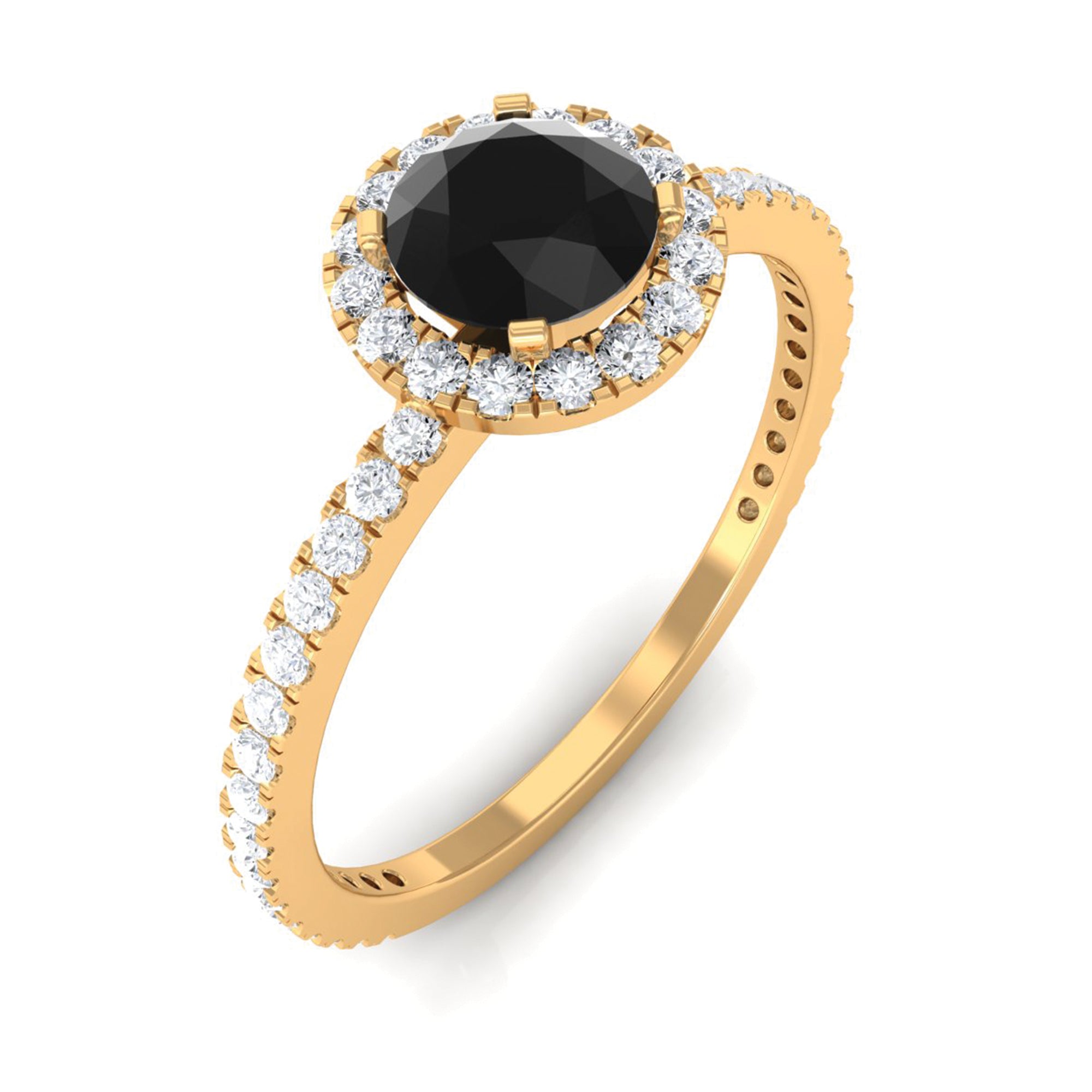 Round Shape Black Onyx Halo Engagement Ring with Diamond Black Onyx - ( AAA ) - Quality - Rosec Jewels