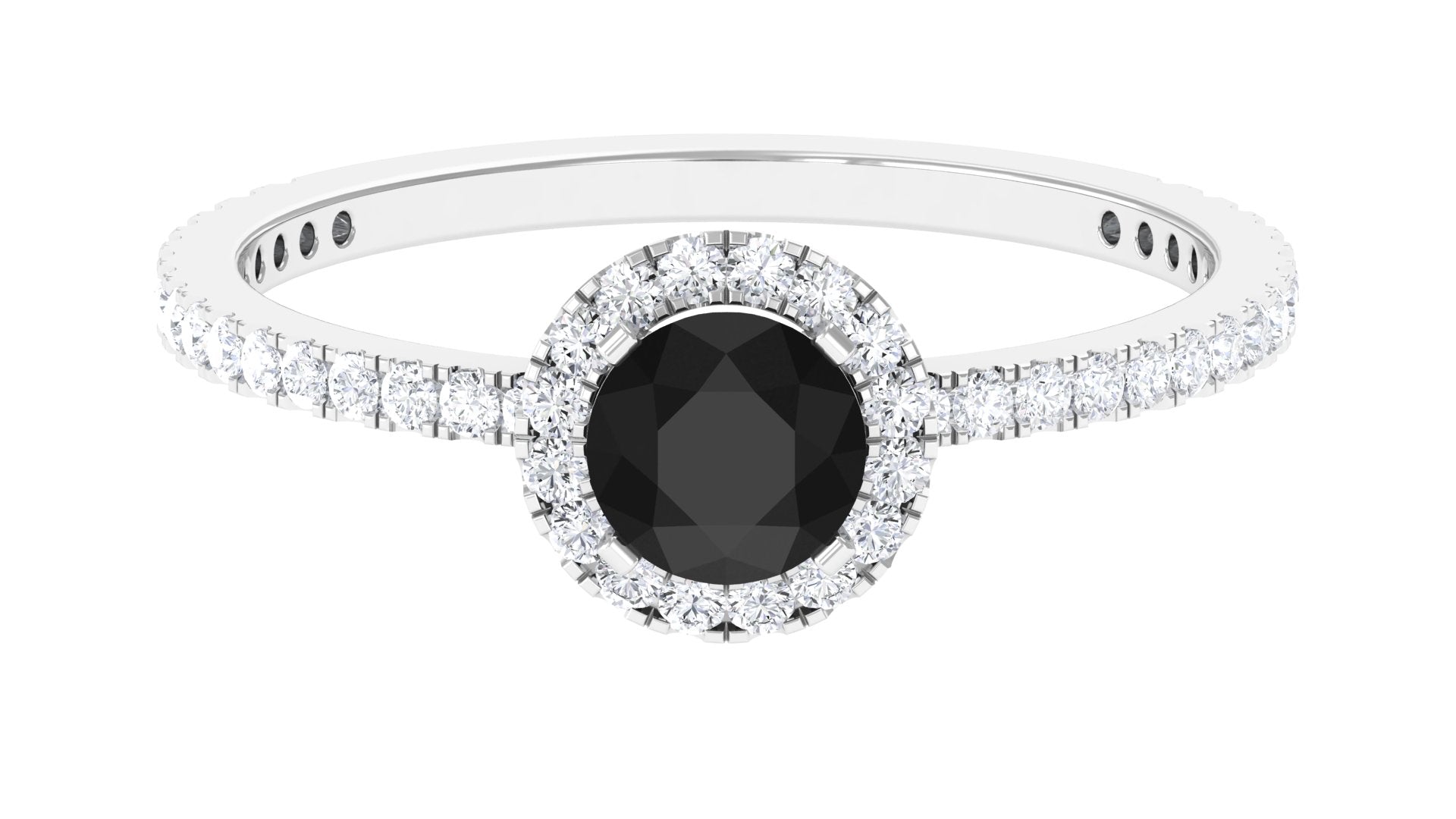 Round Black Spinel Halo Engagement Ring with Diamond Black Spinel - ( AAA ) - Quality - Rosec Jewels