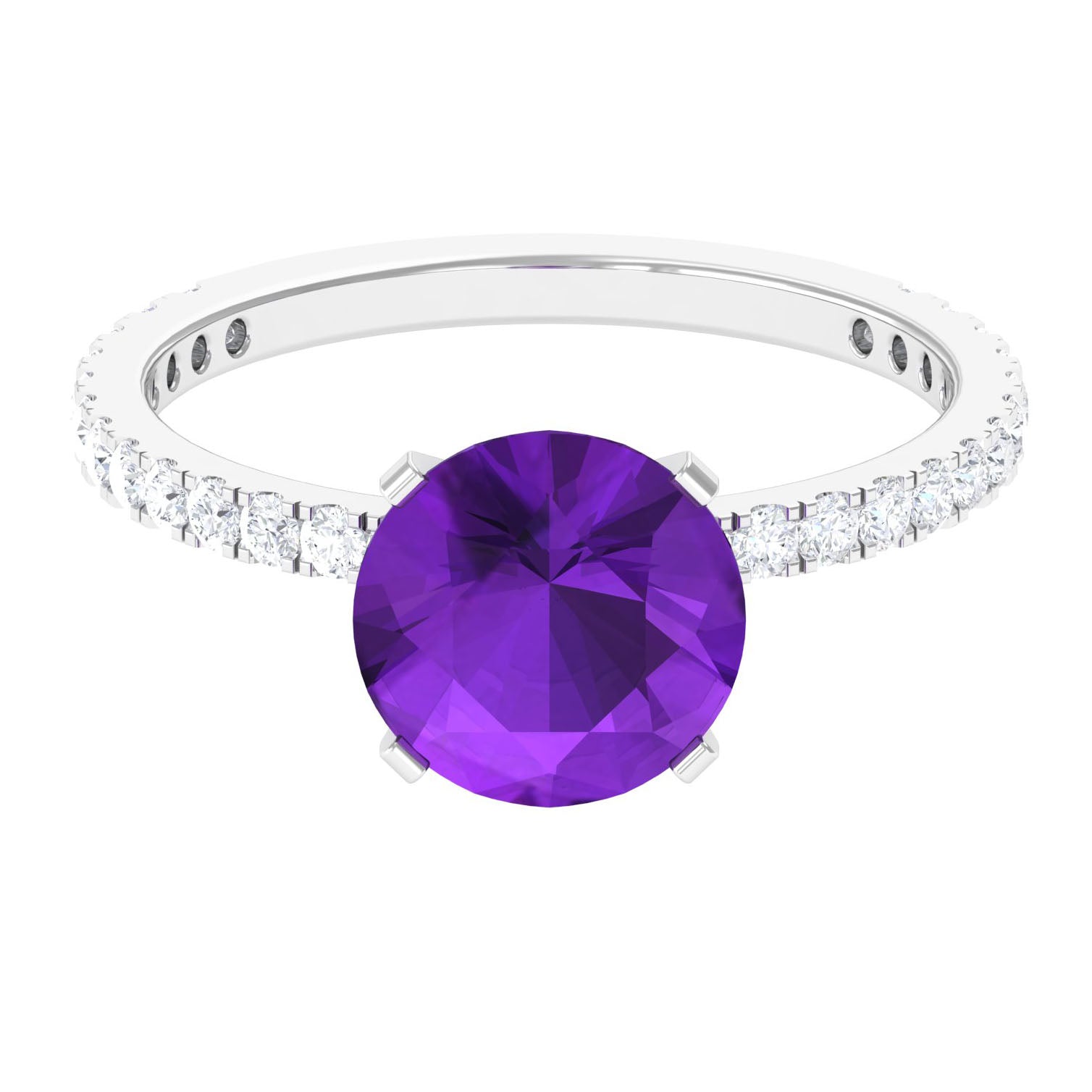 Solitaire Amethyst Engagement Ring with Diamond Side Stones Amethyst - ( AAA ) - Quality - Rosec Jewels