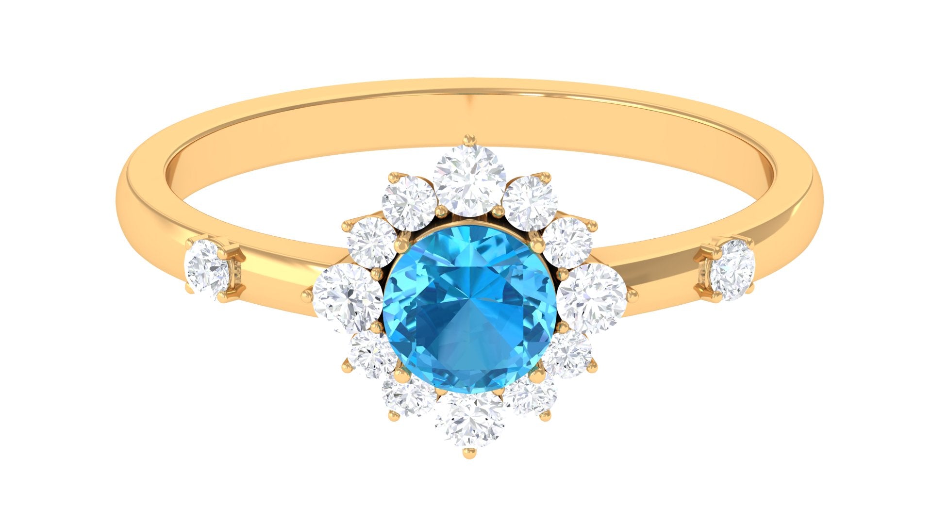 1 CT Round Swiss Blue Topaz and Diamond Halo Engagement Ring Swiss Blue Topaz - ( AAA ) - Quality - Rosec Jewels