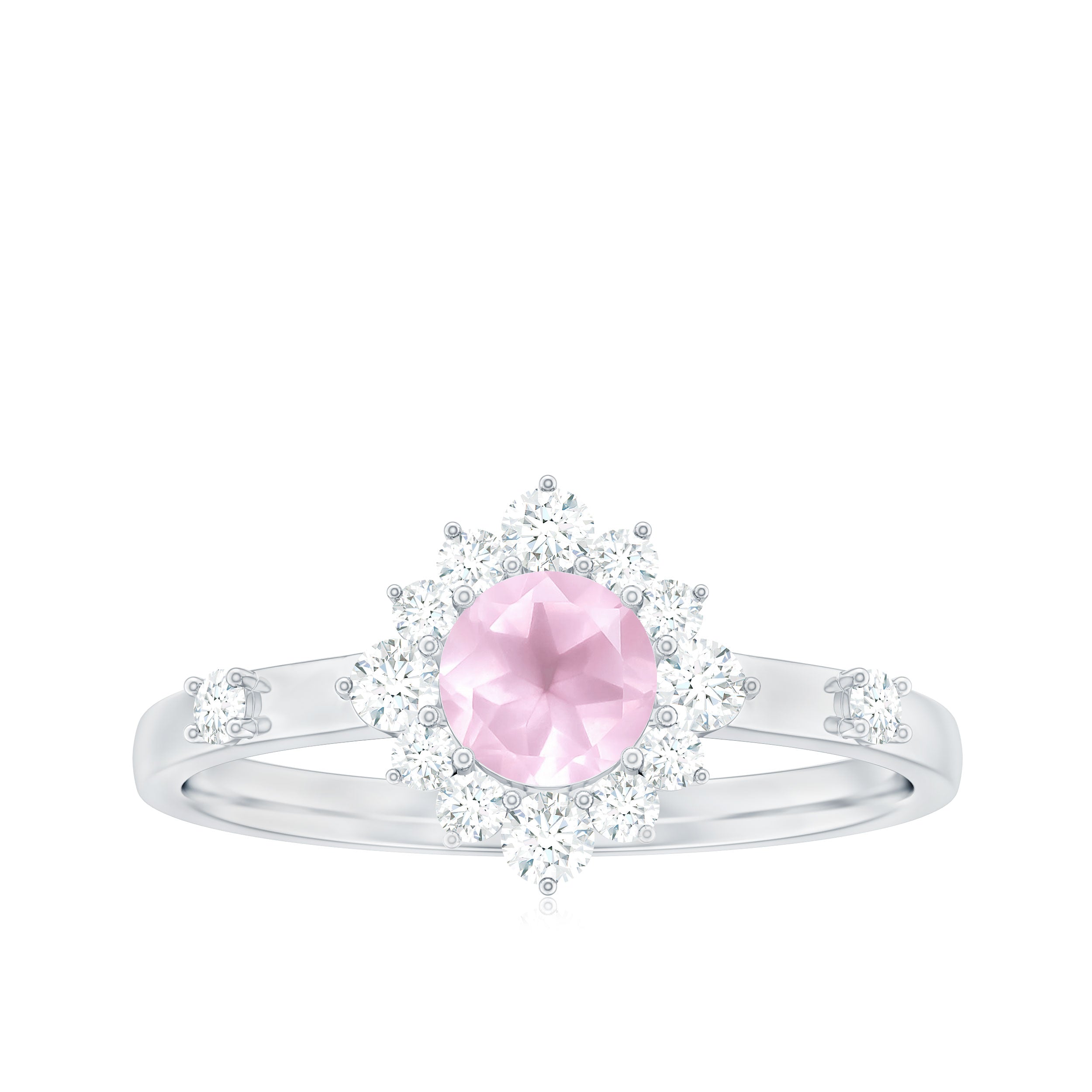 Round Rose Quartz Classic Halo Engagement Ring with Diamond Rose Quartz - ( AAA ) - Quality - Rosec Jewels