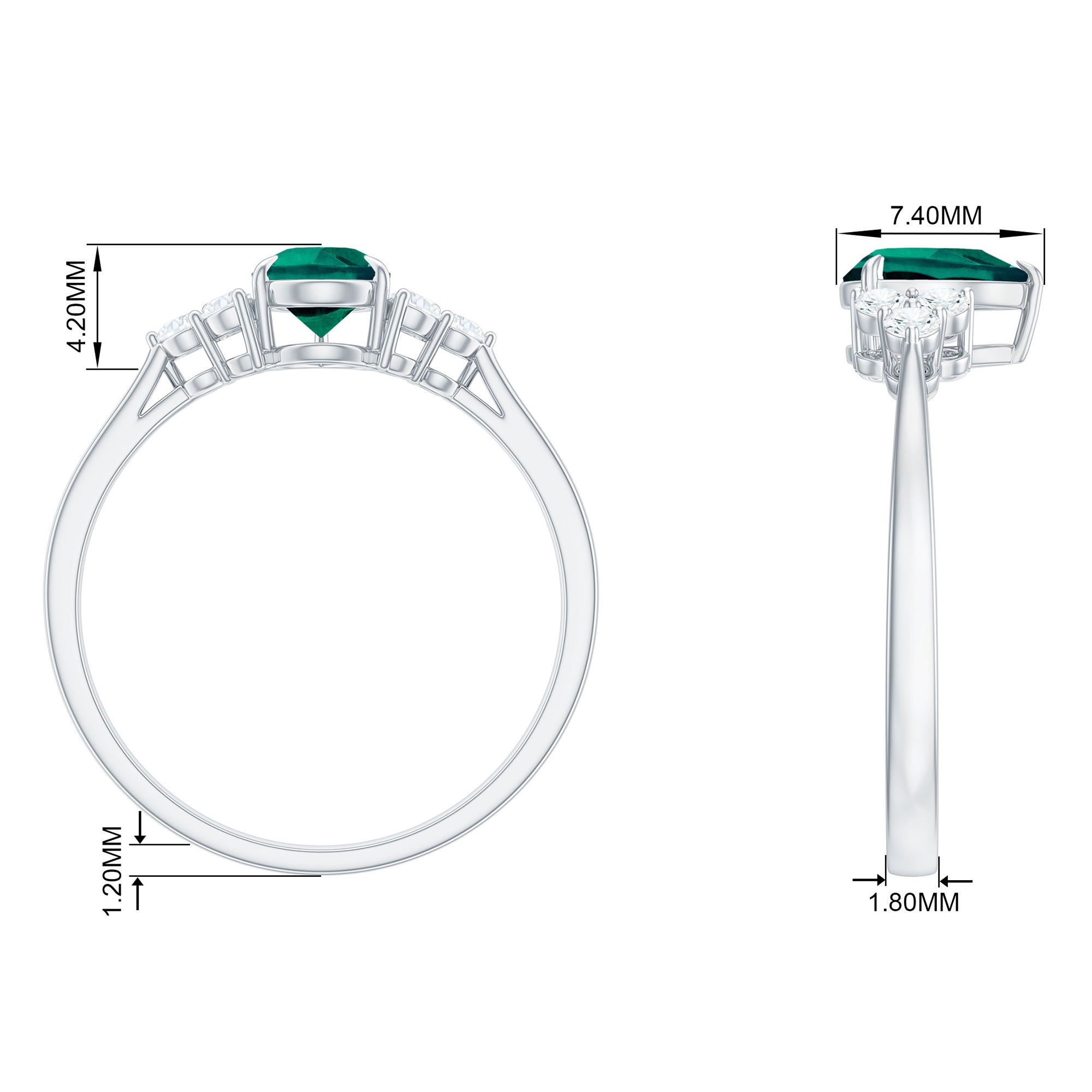 Pear Shaped Created Emerald Solitaire Engagement Ring with Diamond Trio Lab Created Emerald - ( AAAA ) - Quality - Rosec Jewels