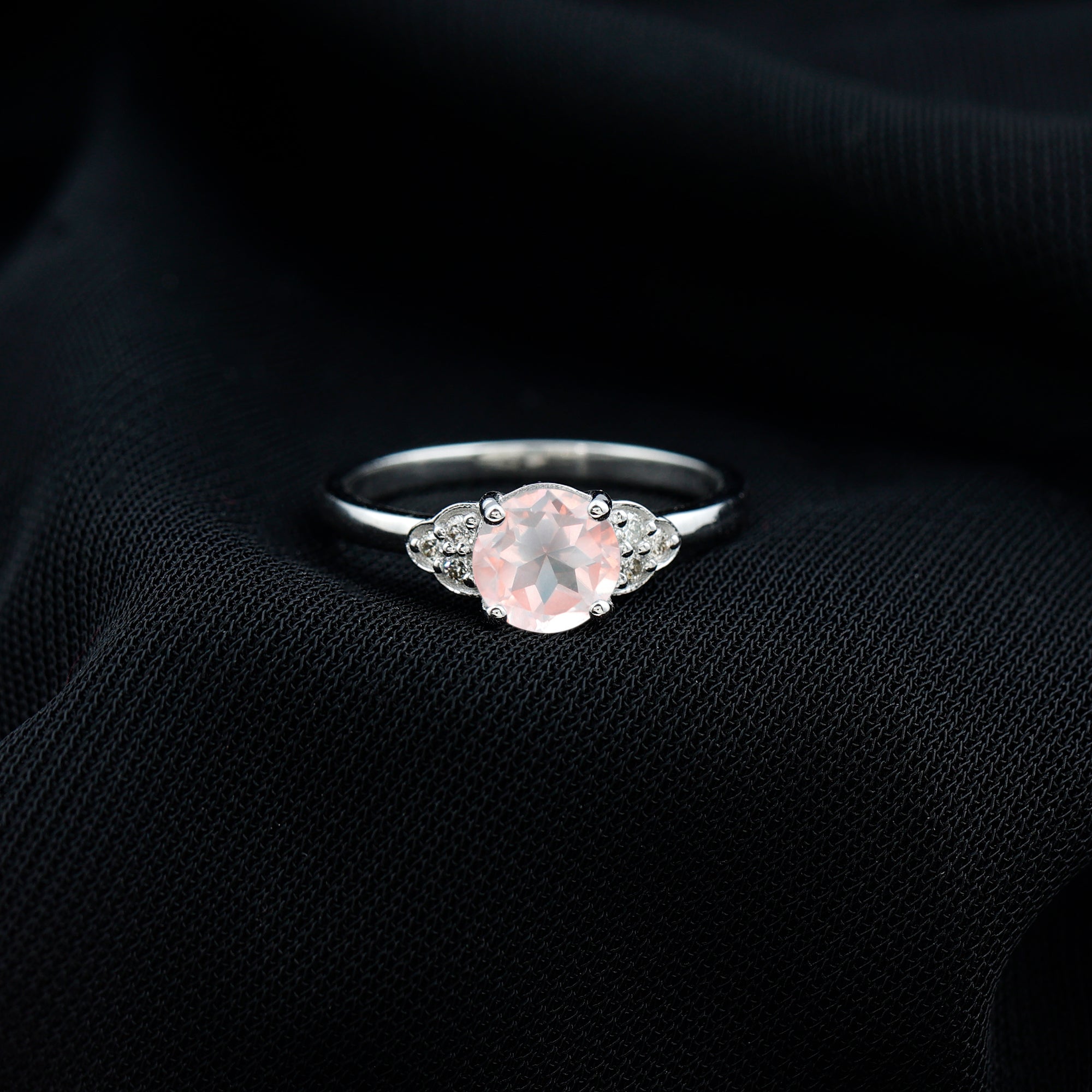 Rose Quartz Solitaire Engagement Ring with Diamond Trio Rose Quartz - ( AAA ) - Quality - Rosec Jewels