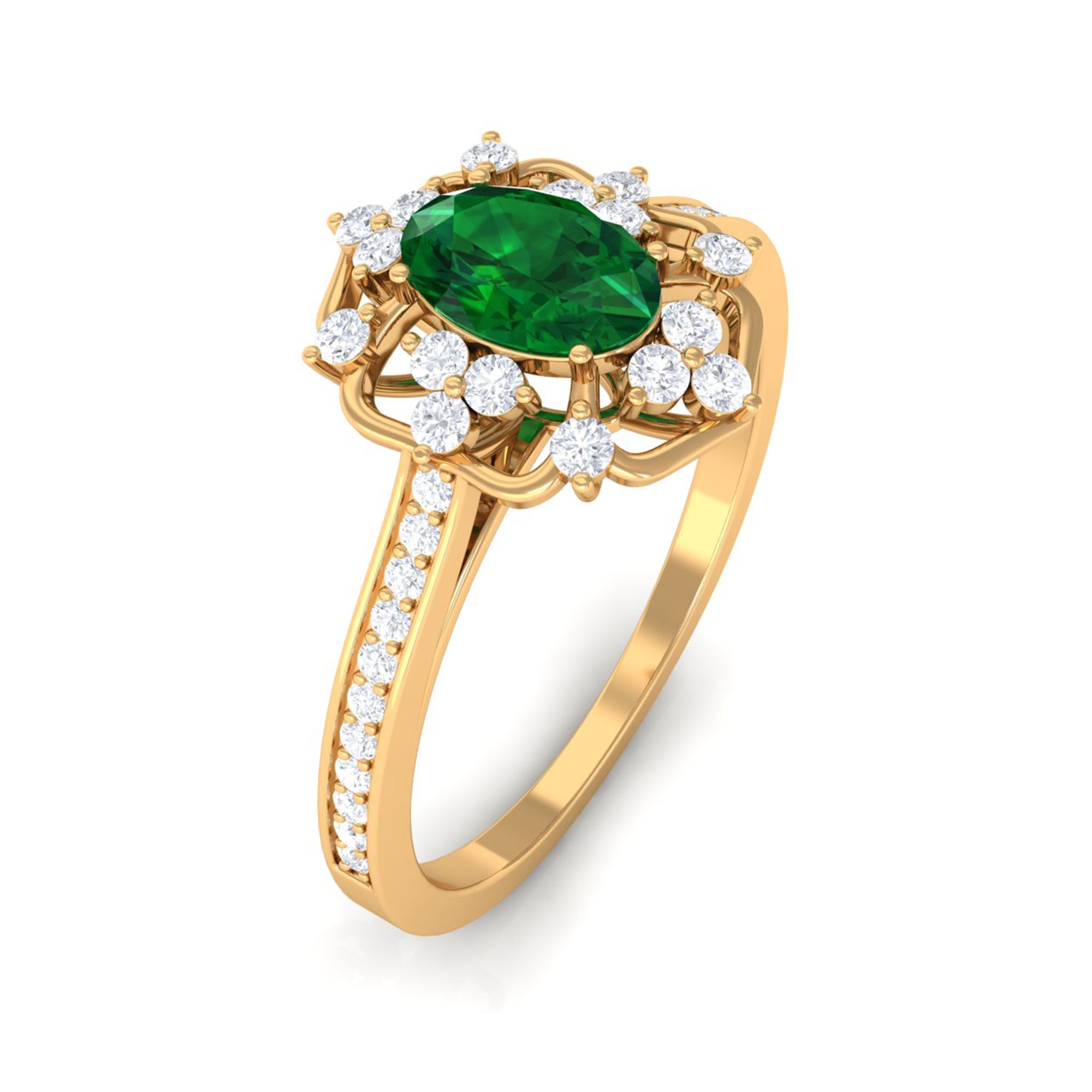 Vintage Style Created Emerald and Diamond Flower Engagement Ring Lab Created Emerald - ( AAAA ) - Quality - Rosec Jewels