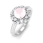 Round Rose Quartz and Diamond Flower Engagement Ring Rose Quartz - ( AAA ) - Quality - Rosec Jewels