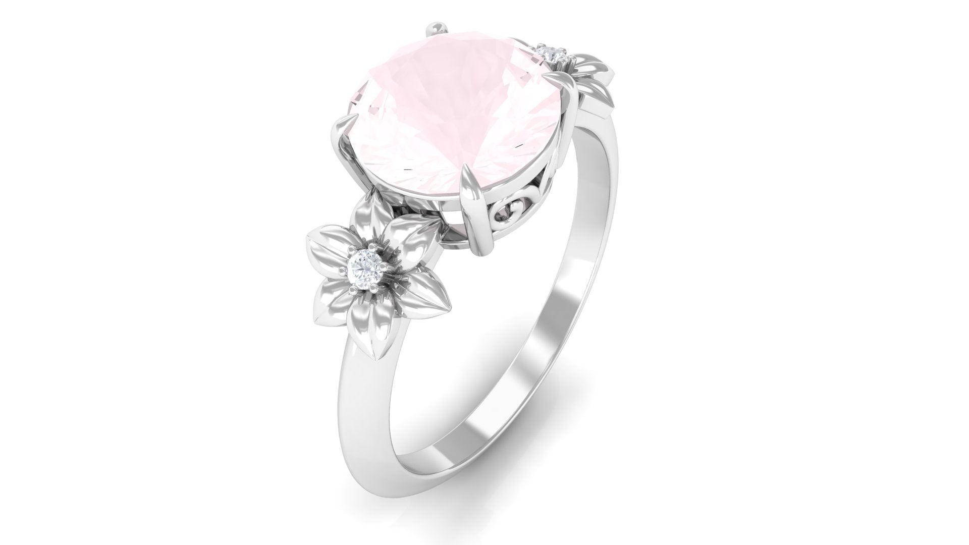 2 CT Round Rose Quartz Solitaire Flower Engagement Ring with Diamond Rose Quartz - ( AAA ) - Quality - Rosec Jewels