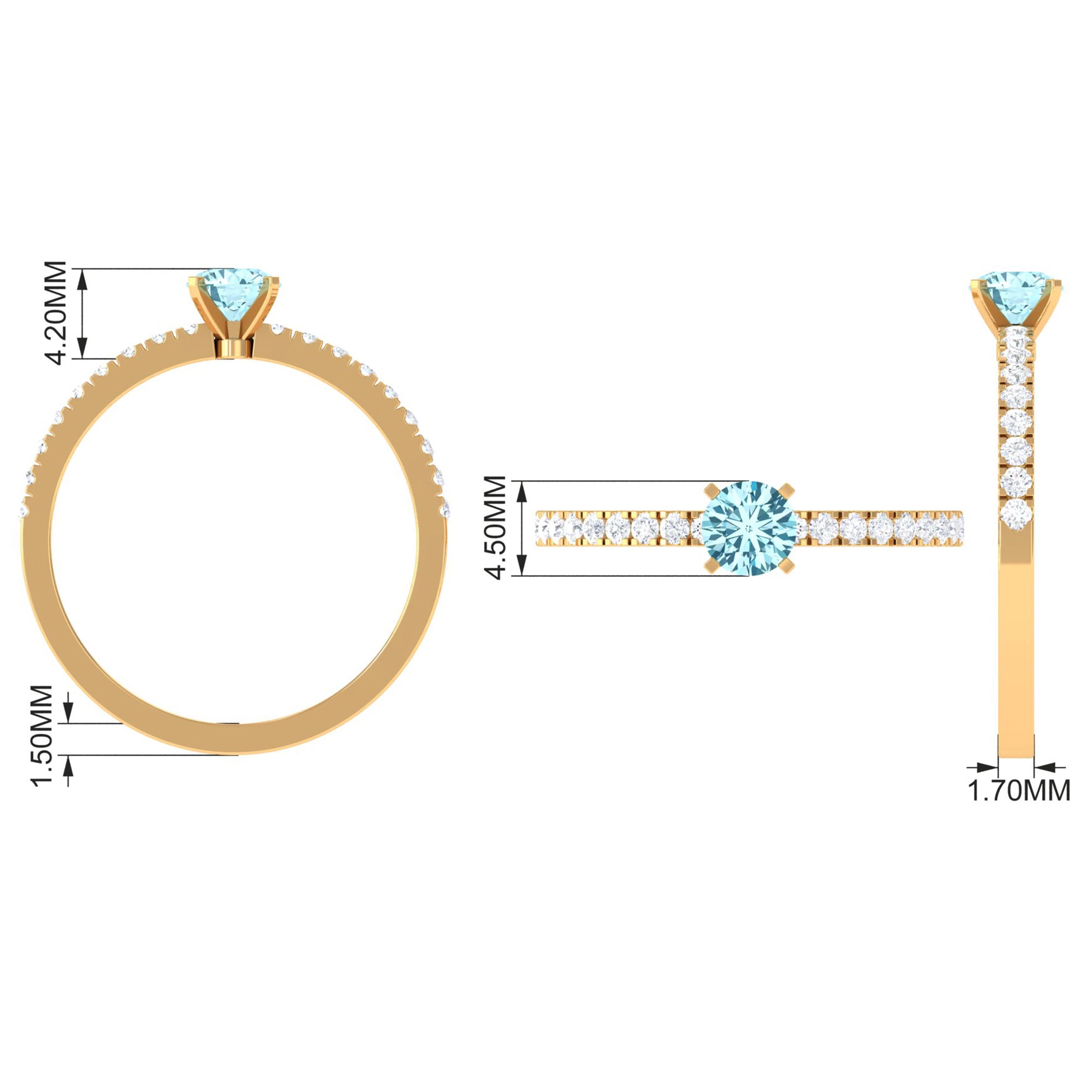 Simple Round Aquamarine Solitaire Ring with Diamond Side Stones Aquamarine - ( AAA ) - Quality - Rosec Jewels