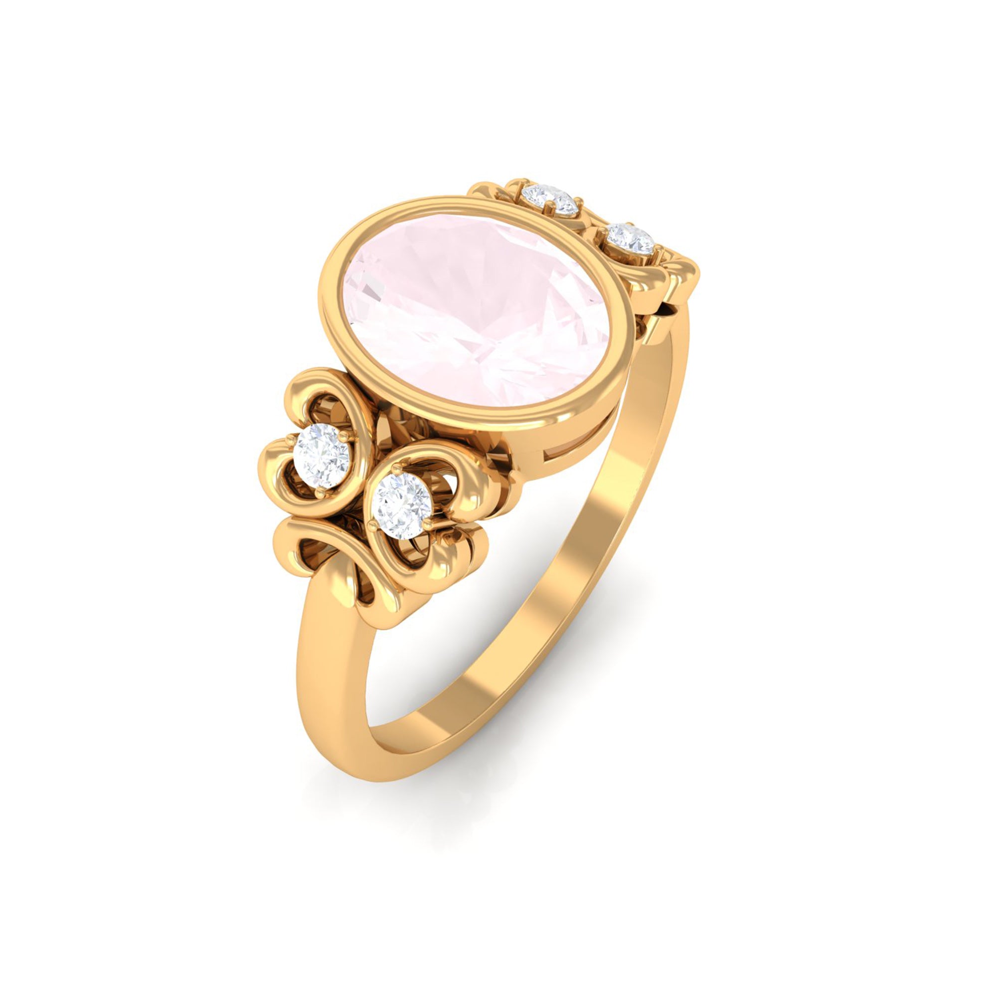 Bezel Set Oval Rose Quartz Statement Engagement Ring with Diamond Rose Quartz - ( AAA ) - Quality - Rosec Jewels