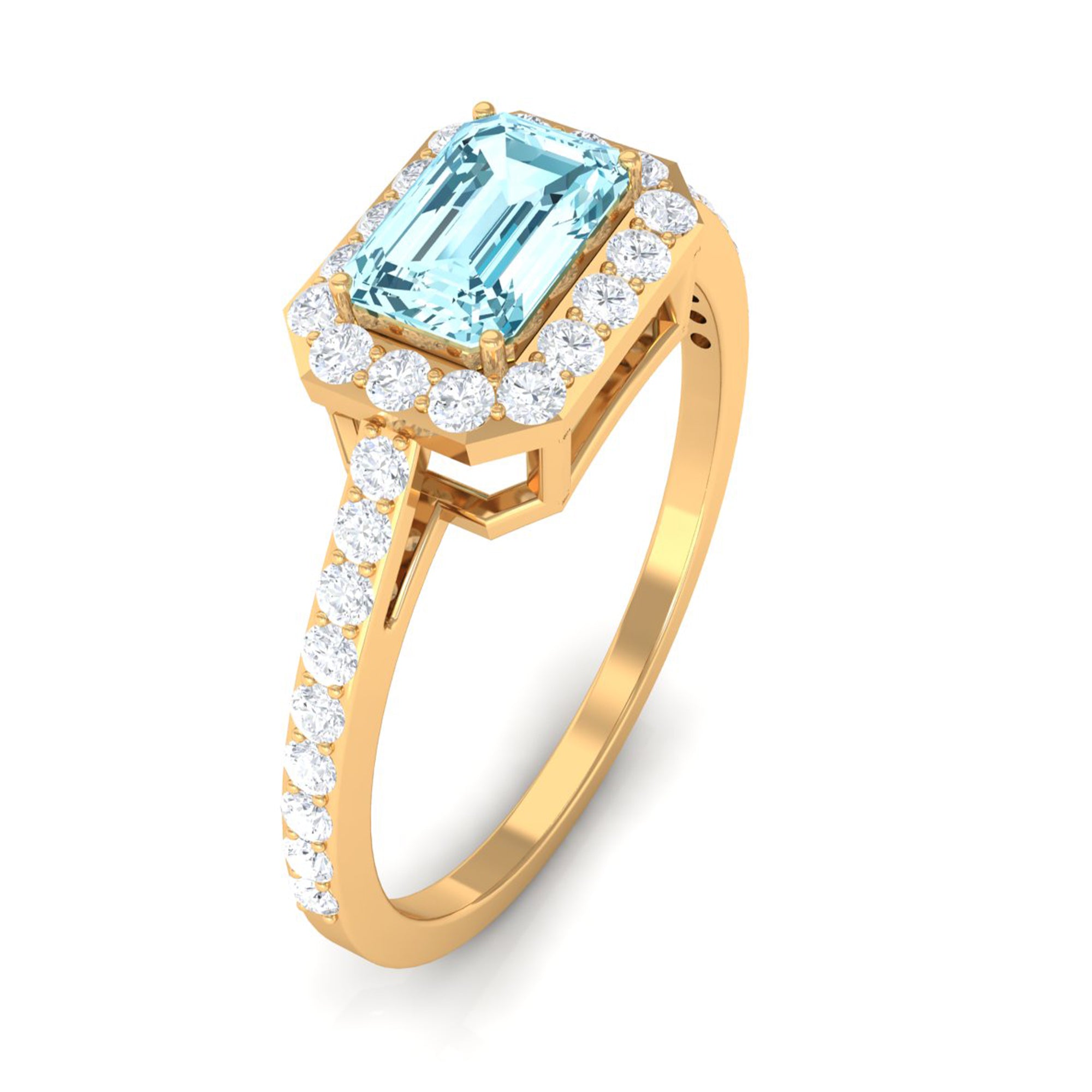 Real Aquamarine Engagement Ring with Diamond Halo Aquamarine - ( AAA ) - Quality - Rosec Jewels