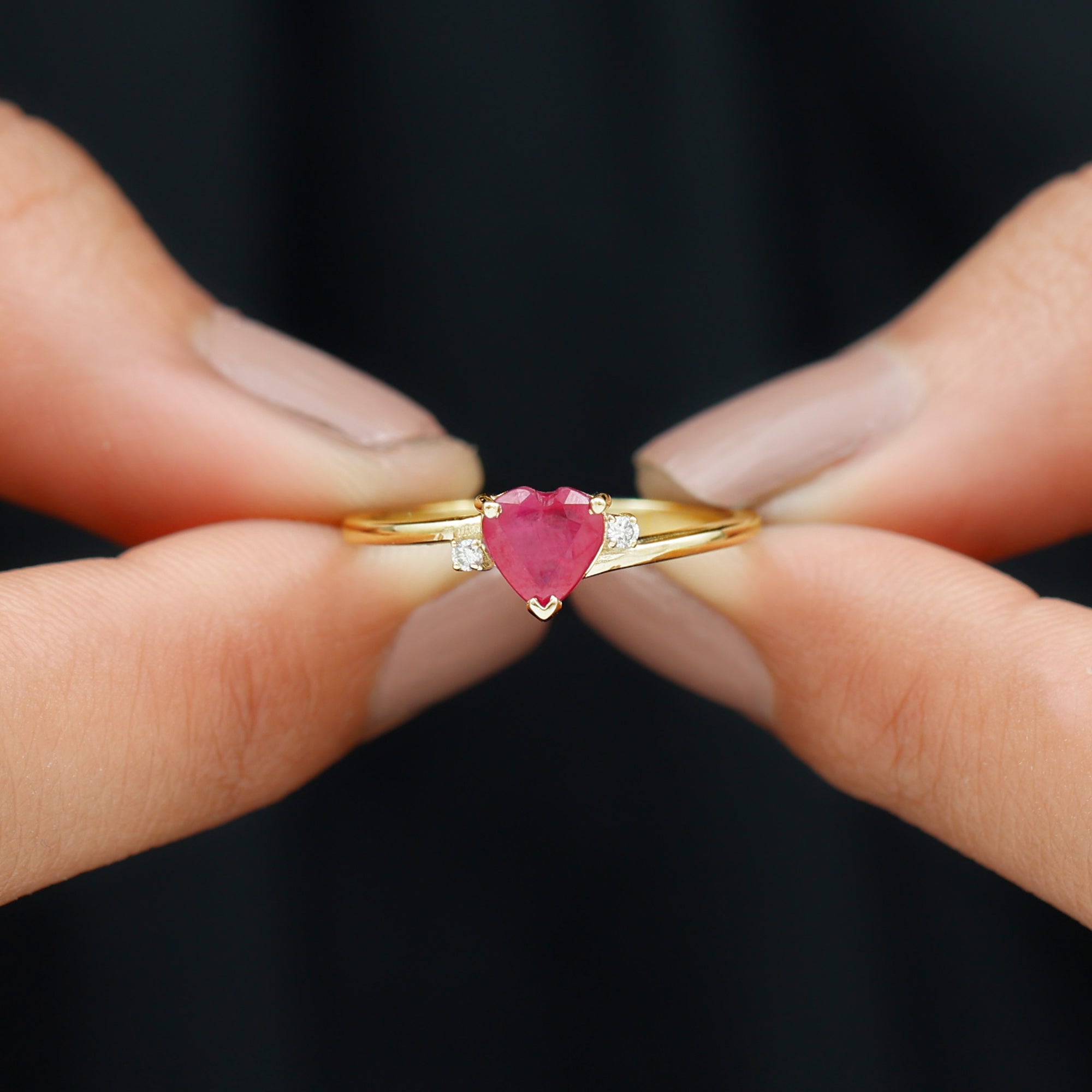 Natural Ruby Heart Solitaire Promise Ring with Diamond Ruby - ( AAA ) - Quality - Rosec Jewels