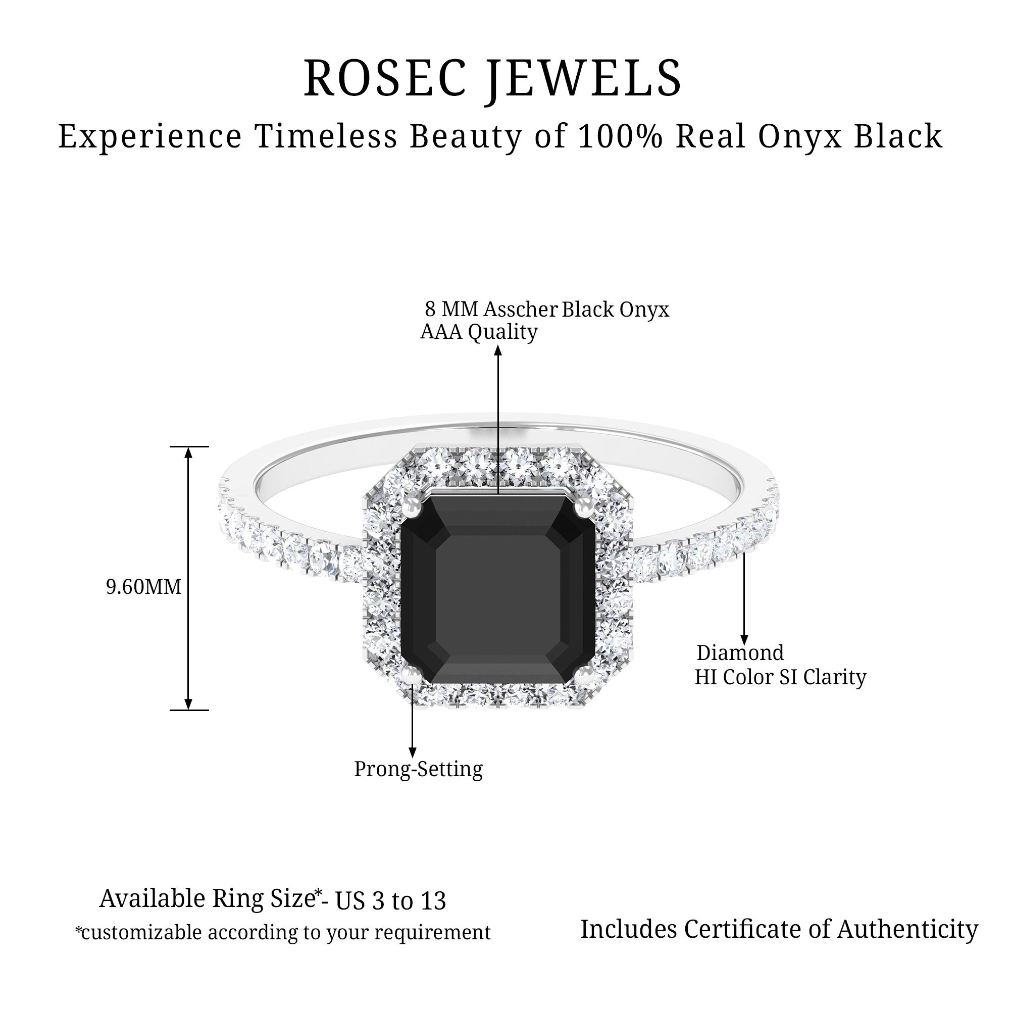 Asscher Cut Black Onyx Halo Engagement Ring with Diamond Black Onyx - ( AAA ) - Quality - Rosec Jewels