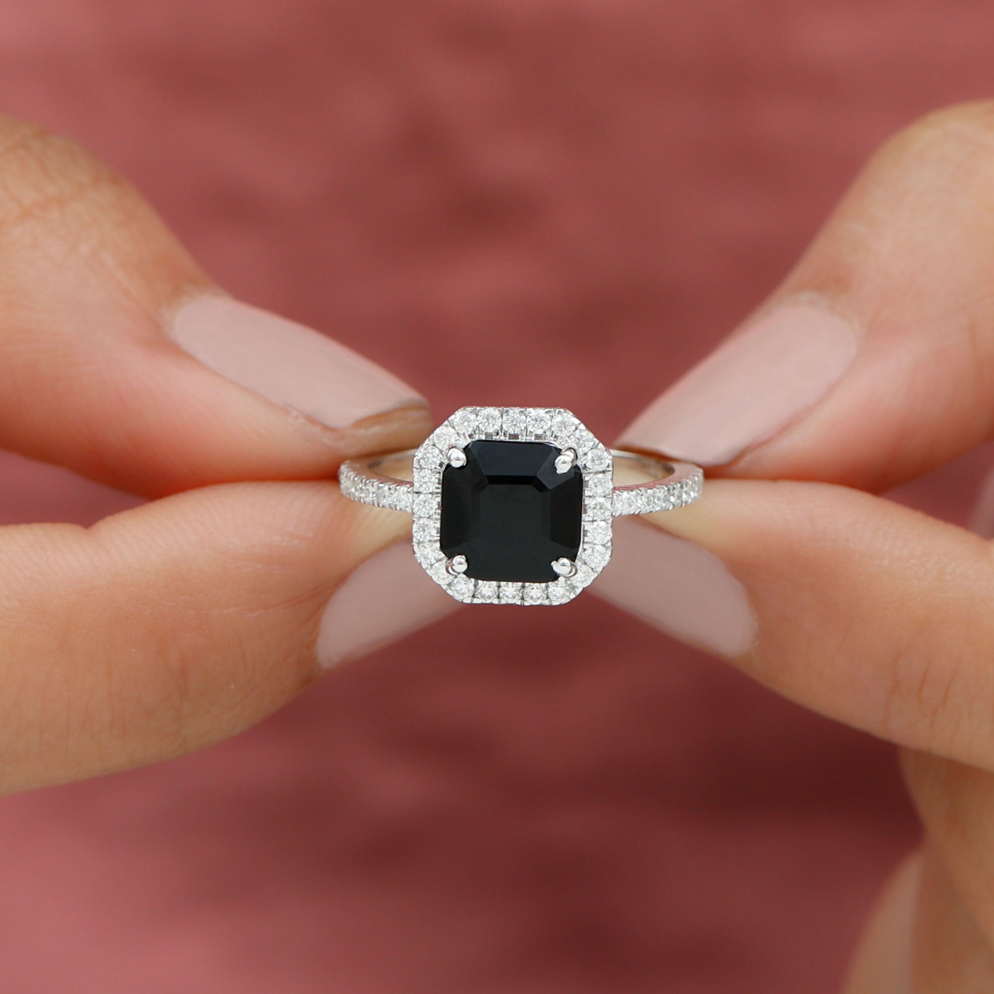 Asscher Cut Black Onyx Halo Engagement Ring with Diamond Black Onyx - ( AAA ) - Quality - Rosec Jewels