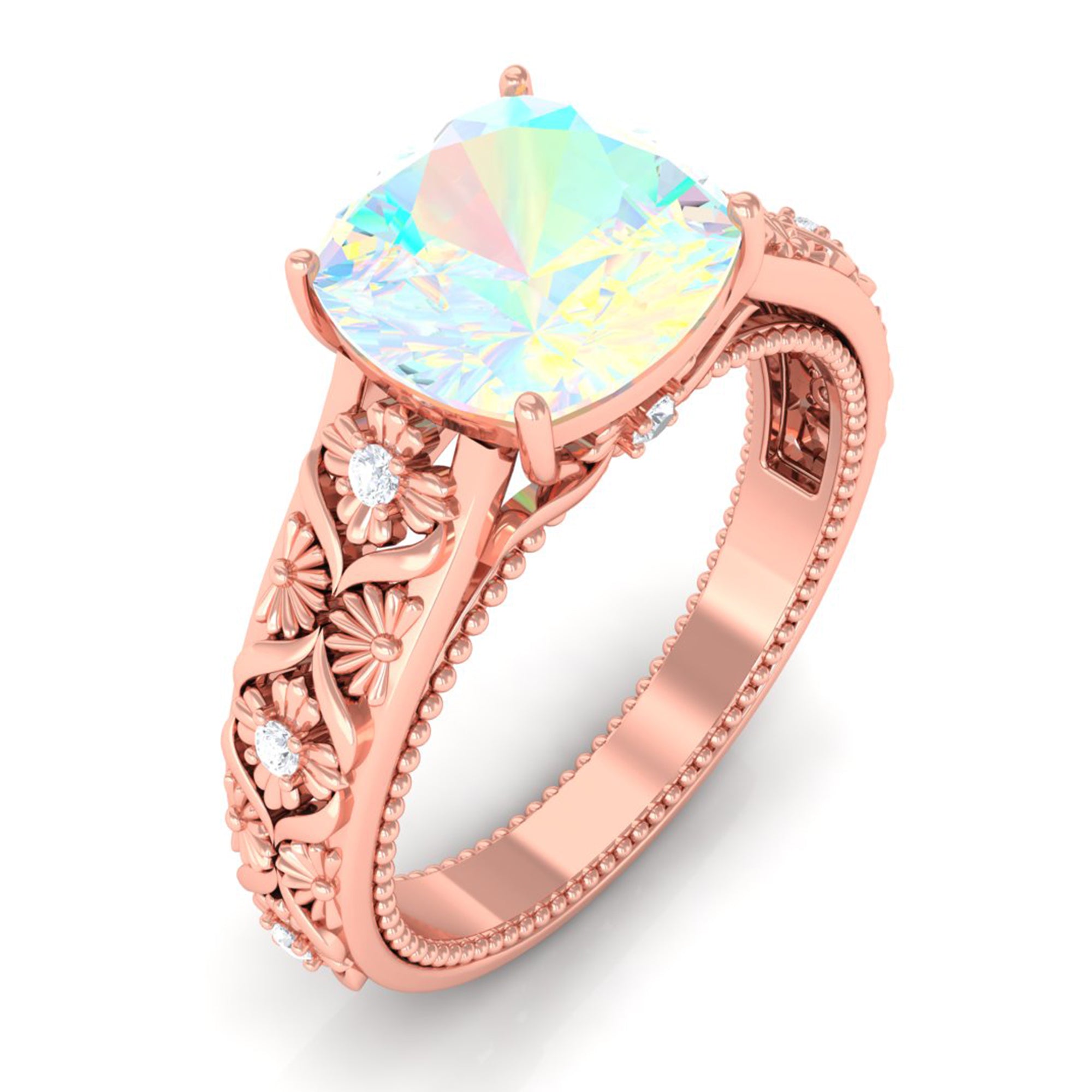 Cushion Cut Solitaire Ethiopian Opal Floral Engagement Ring with Diamond Ethiopian Opal - ( AAA ) - Quality - Rosec Jewels