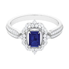 Vintage Style Octagon Blue Sapphire Engagement Ring with Diamond Floral Halo Blue Sapphire - ( AAA ) - Quality - Rosec Jewels