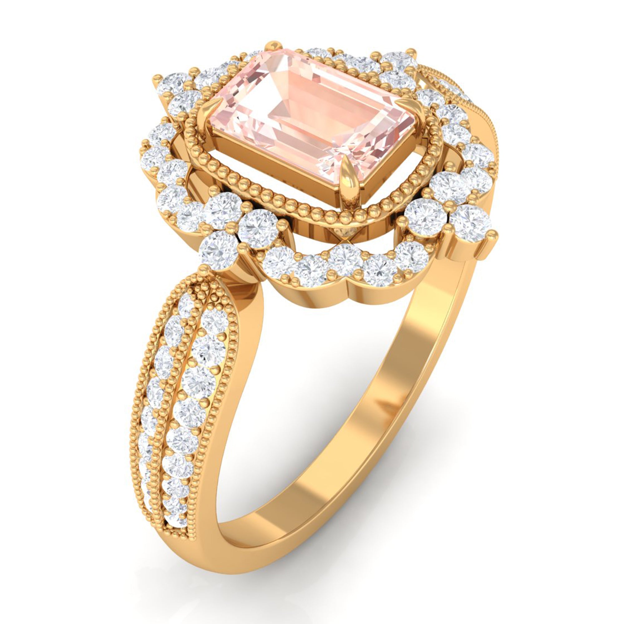 Vintage Style Emerald Cut Morganite Engagement Ring with Diamond Floral Halo Morganite - ( AAA ) - Quality - Rosec Jewels