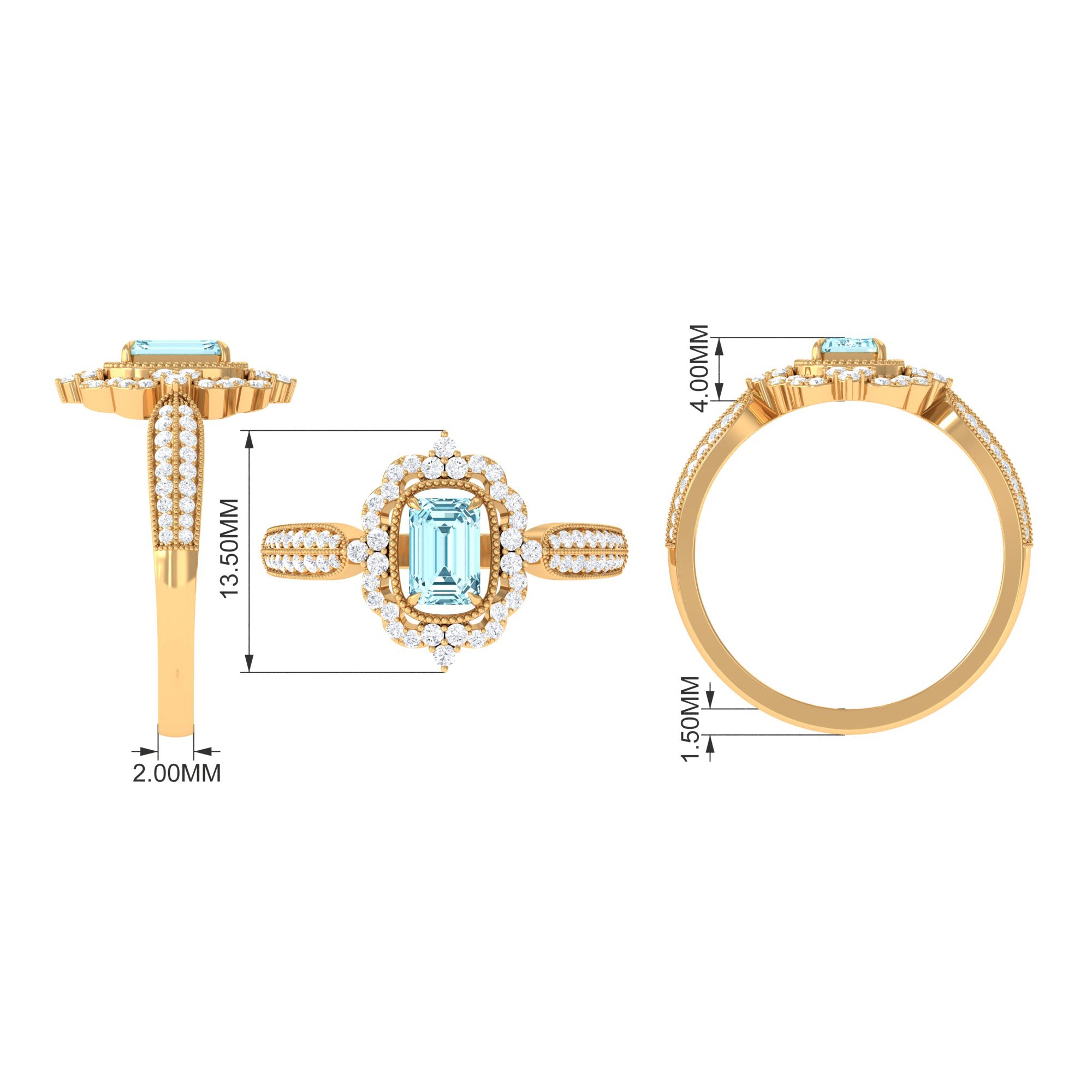 Vintage Style Octagon Aquamarine Engagement Ring with Diamond Floral Halo Aquamarine - ( AAA ) - Quality - Rosec Jewels