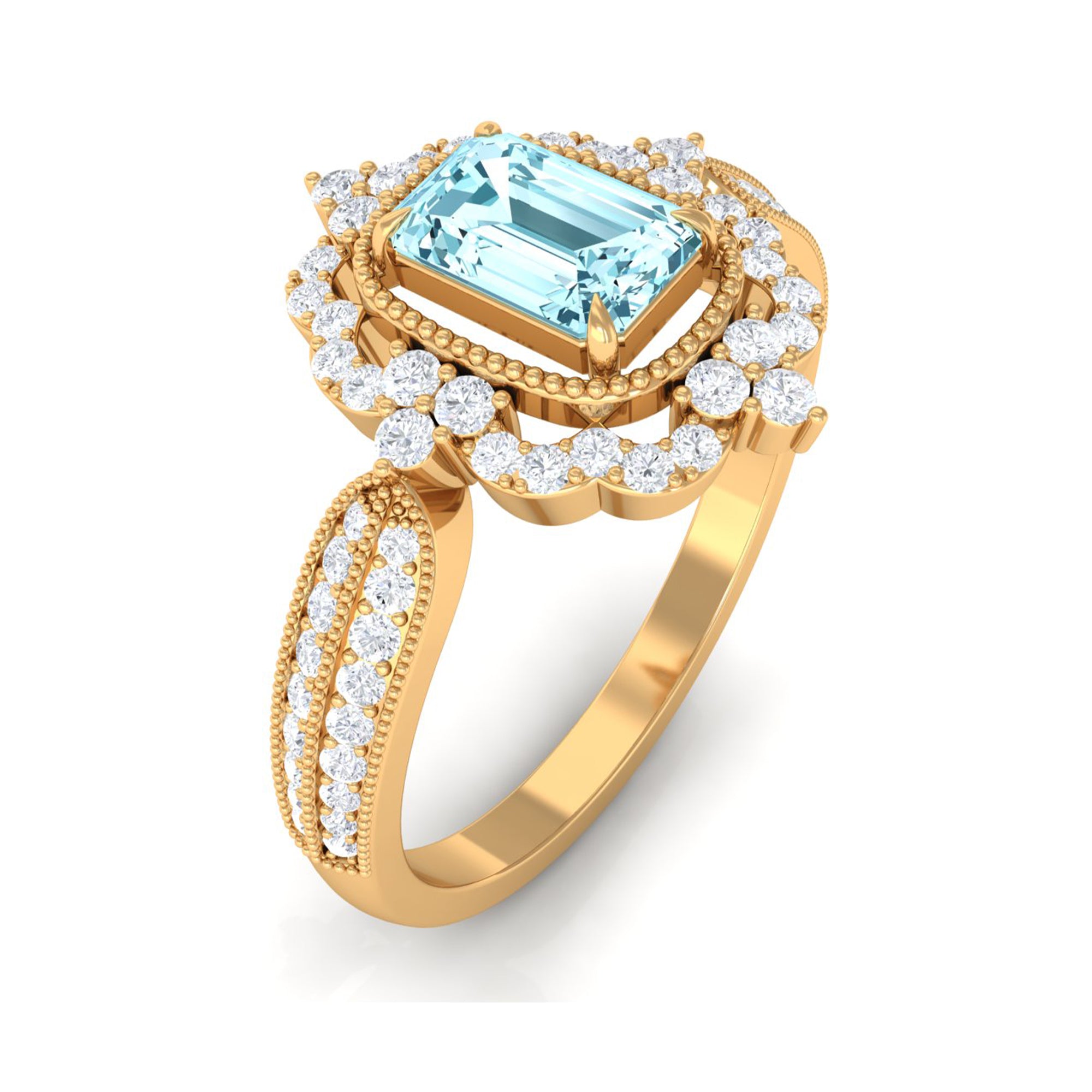 Vintage Style Octagon Aquamarine Engagement Ring with Diamond Floral Halo Aquamarine - ( AAA ) - Quality - Rosec Jewels