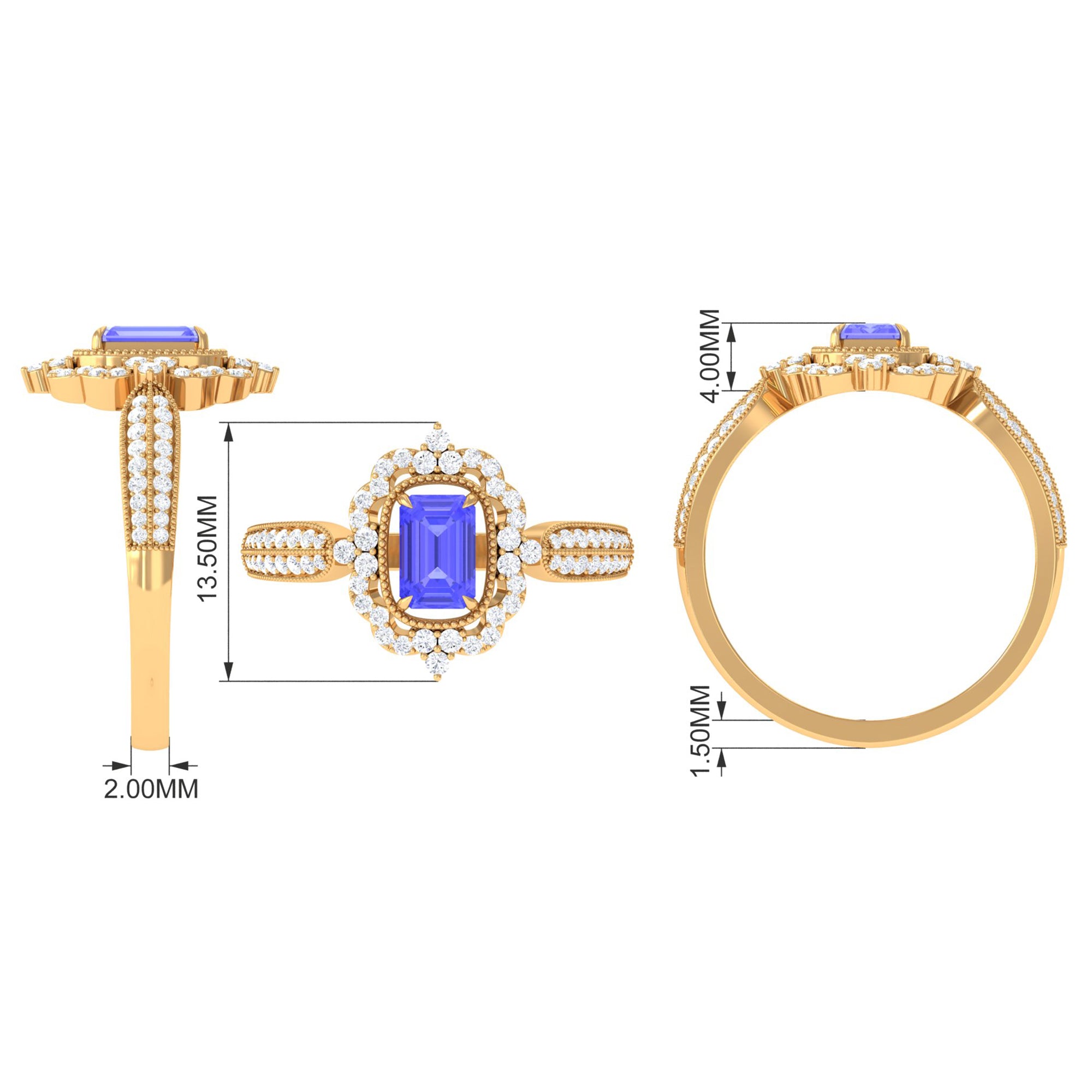 1 CT Vintage Style Emerald Cut Tanzanite Engagement Ring with Diamond Floral Halo Tanzanite - ( AAA ) - Quality - Rosec Jewels