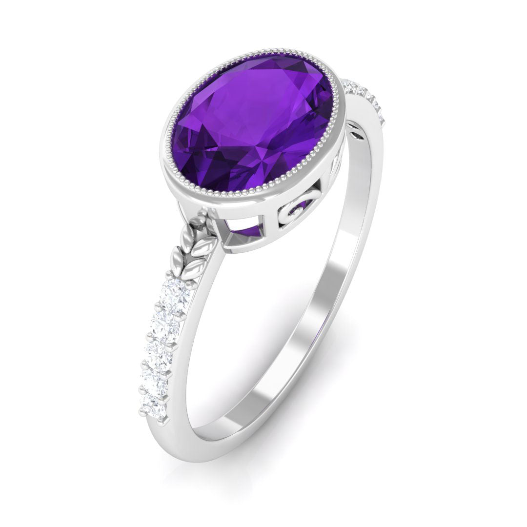 Oval Amethyst Solitaire Engagement Ring with Diamond Amethyst - ( AAA ) - Quality - Rosec Jewels