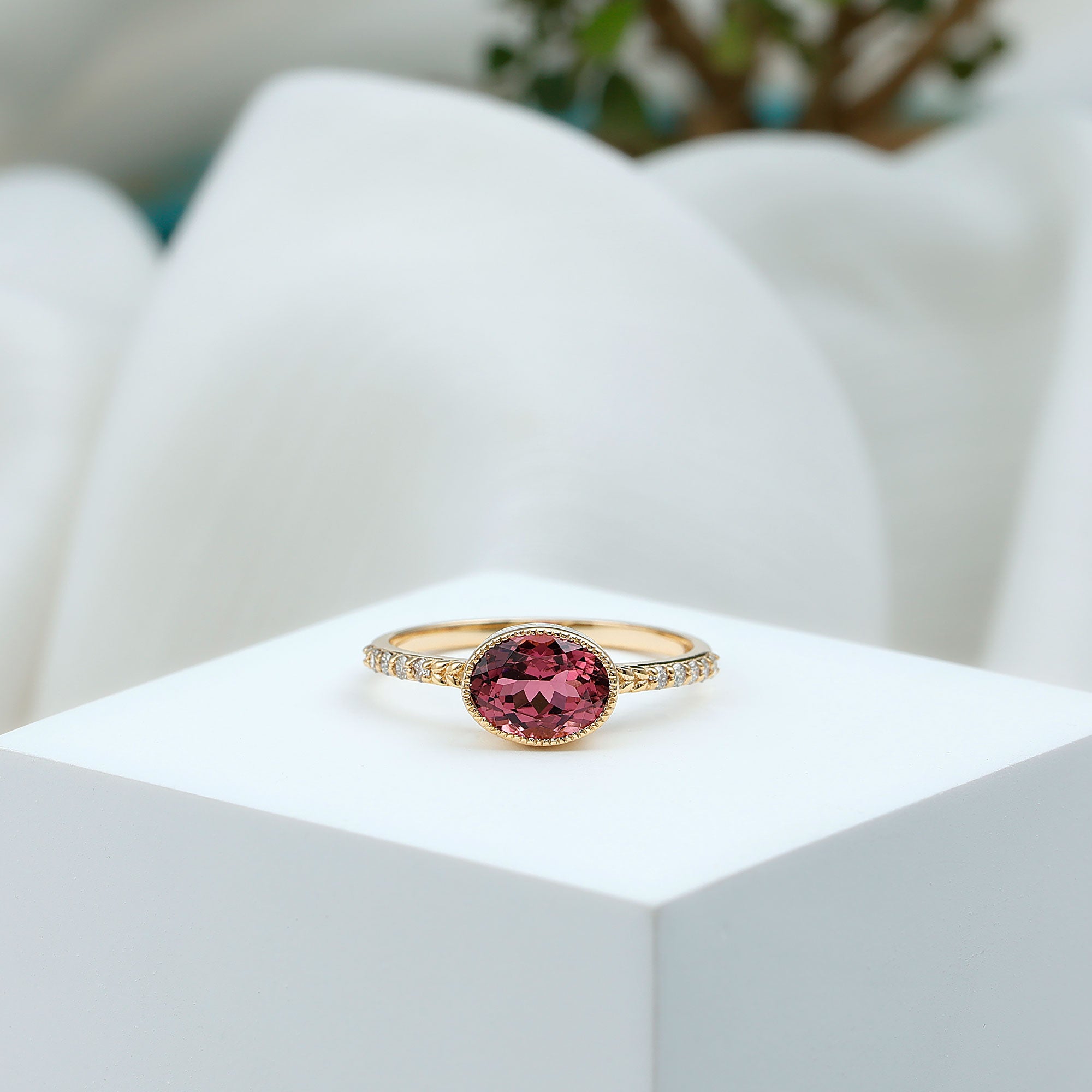 Oval Pink Tourmaline Solitaire Engagement Ring with Diamond Pink Tourmaline - ( AAA ) - Quality - Rosec Jewels