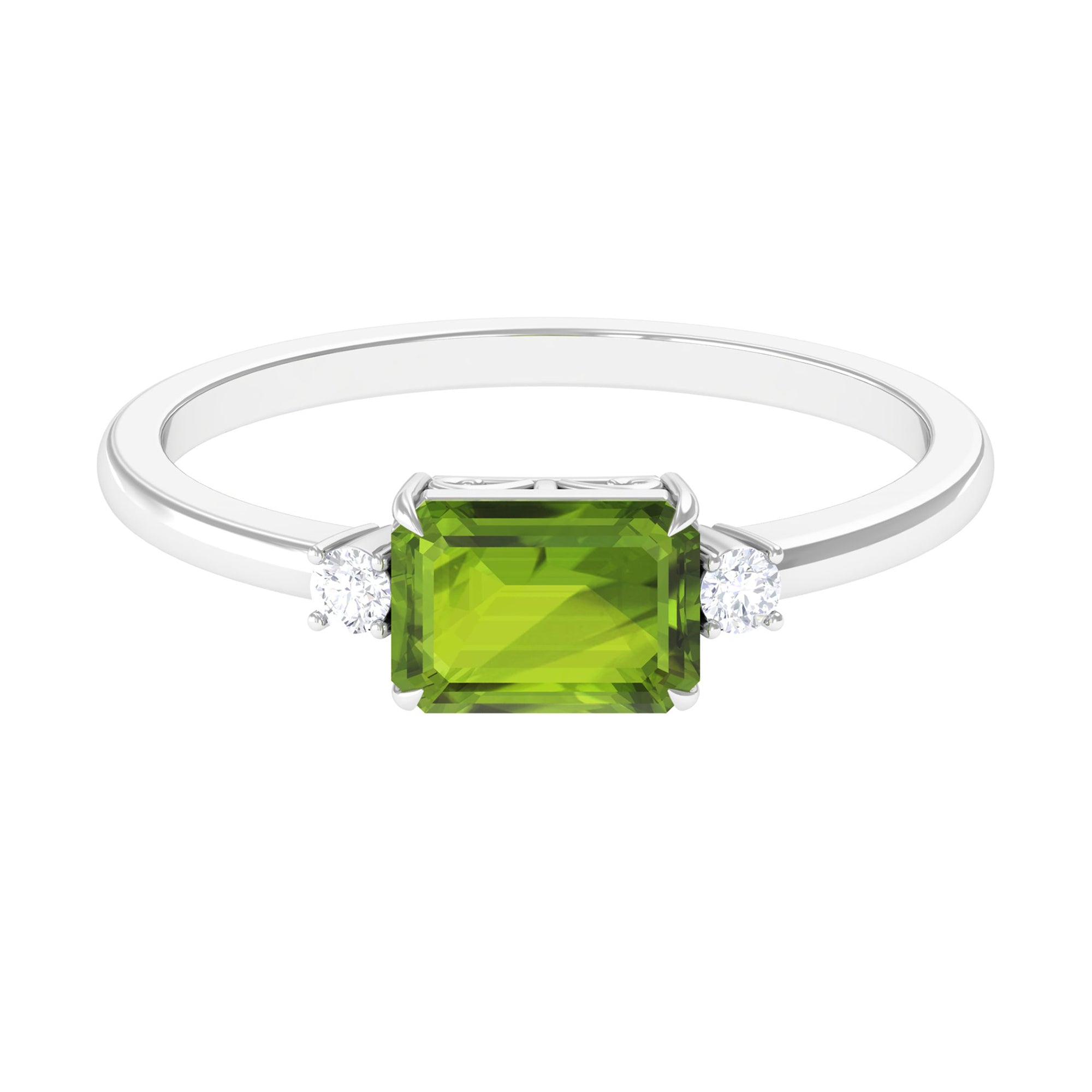 Emerald Cut Peridot East West Engagement Ring with Diamond Peridot - ( AAA ) - Quality - Rosec Jewels