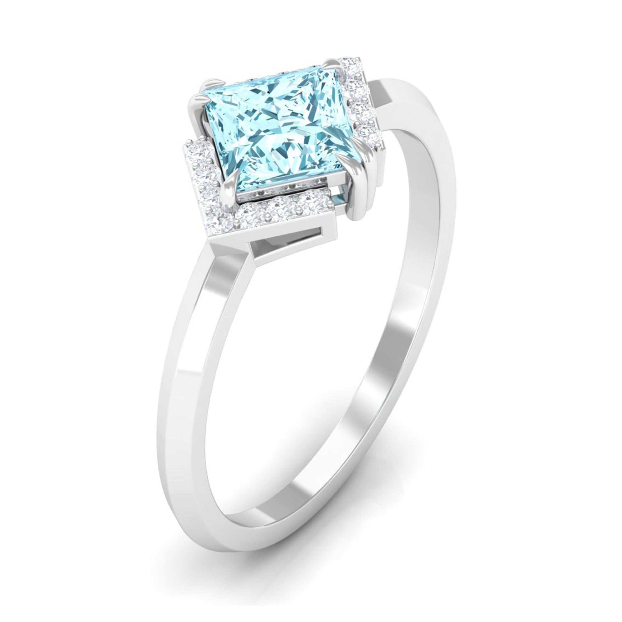 0.75 CT Princess Cut Aquamarine Simple Engagement Ring with Diamond Aquamarine - ( AAA ) - Quality - Rosec Jewels