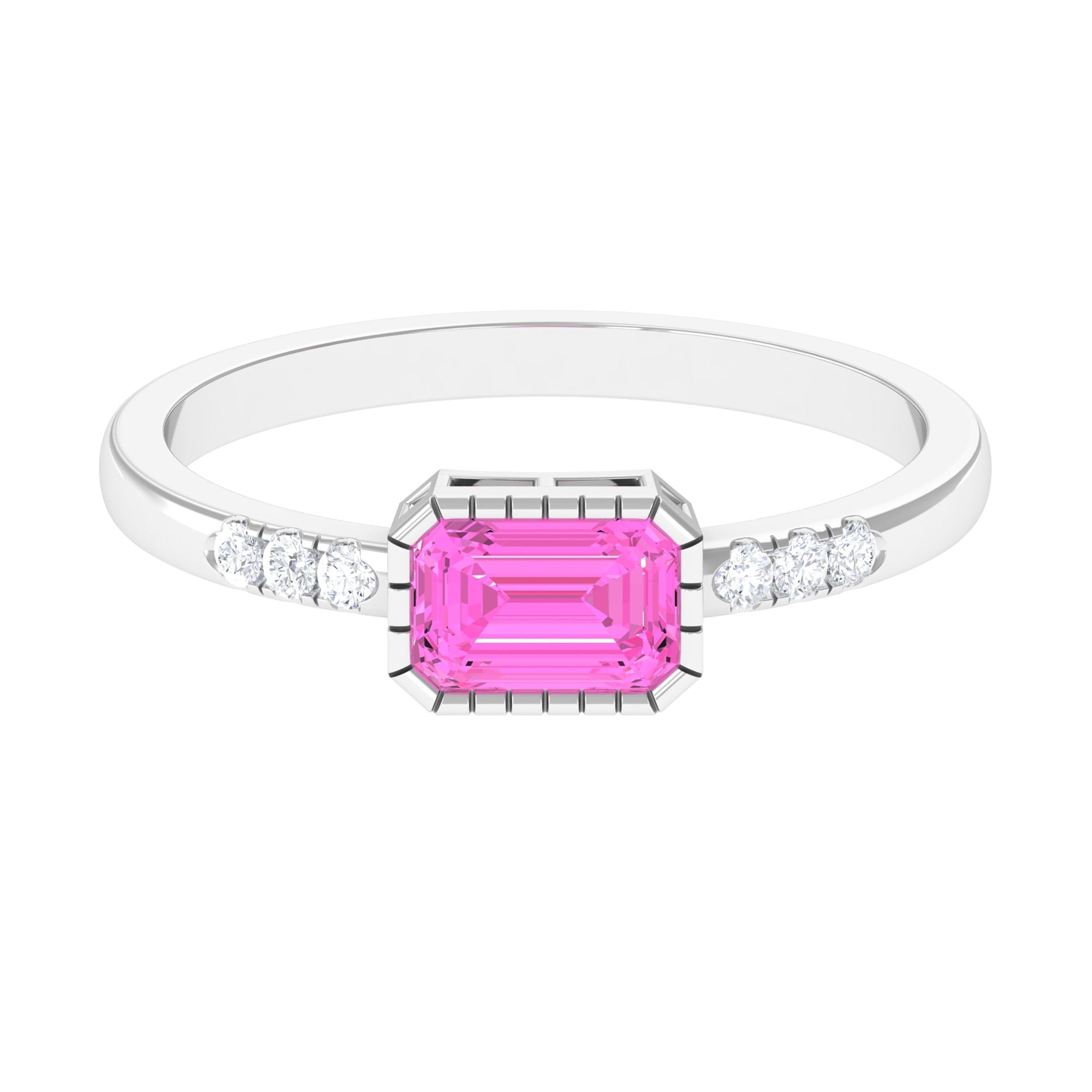 Emerald Cut Pink Sapphire East West Engagement Ring with Diamond Pink Sapphire - ( AAA ) - Quality - Rosec Jewels