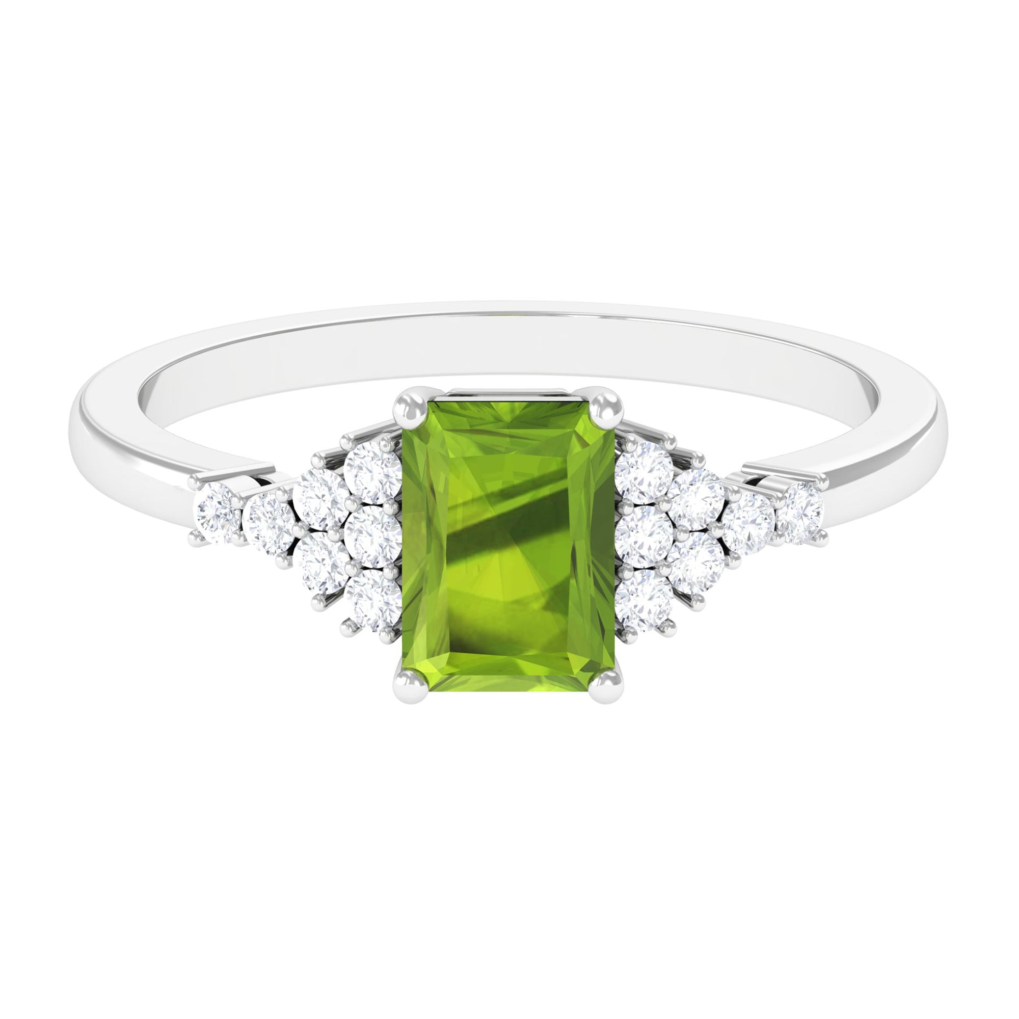 Emerald Cut Peridot and Diamond Solitaire Engagement Ring Peridot - ( AAA ) - Quality - Rosec Jewels