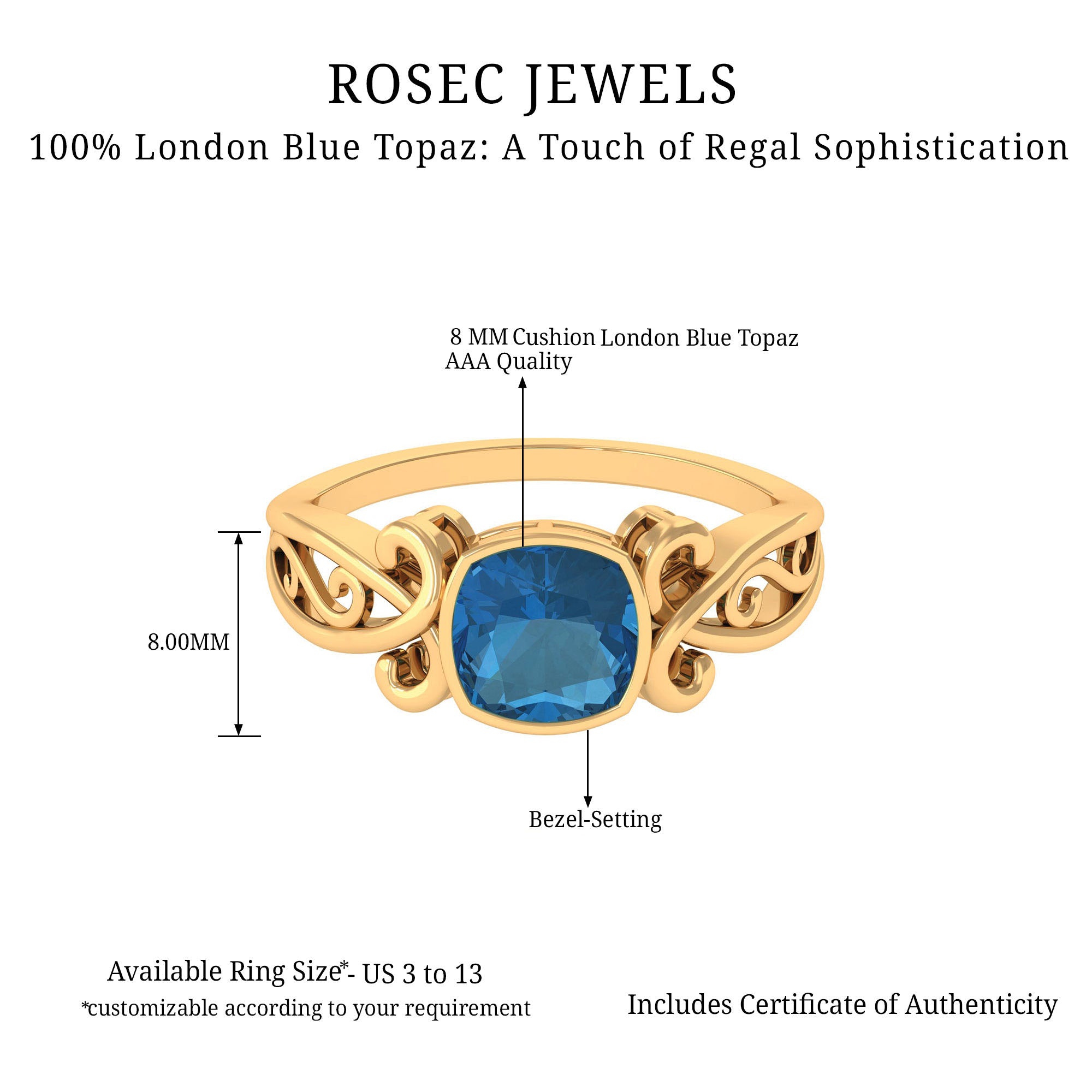 2.75 CT Vintage Style Cushion London Blue Topaz Solitaire Ring in Bezel Setting London Blue Topaz - ( AAA ) - Quality - Rosec Jewels