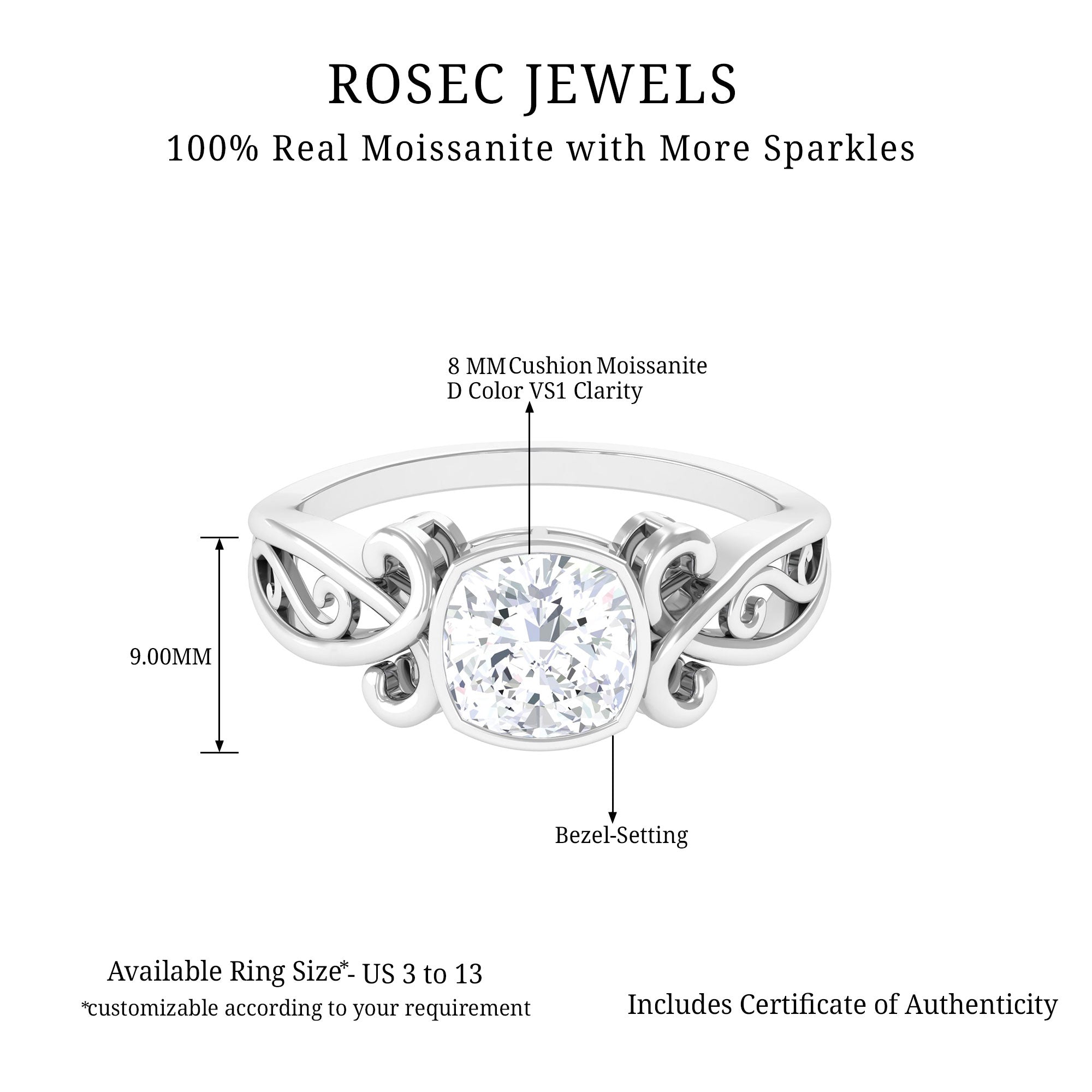 Vintage Style Cushion Moissanite Solitaire Ring in Bezel Setting Moissanite - ( D-VS1 ) - Color and Clarity - Rosec Jewels